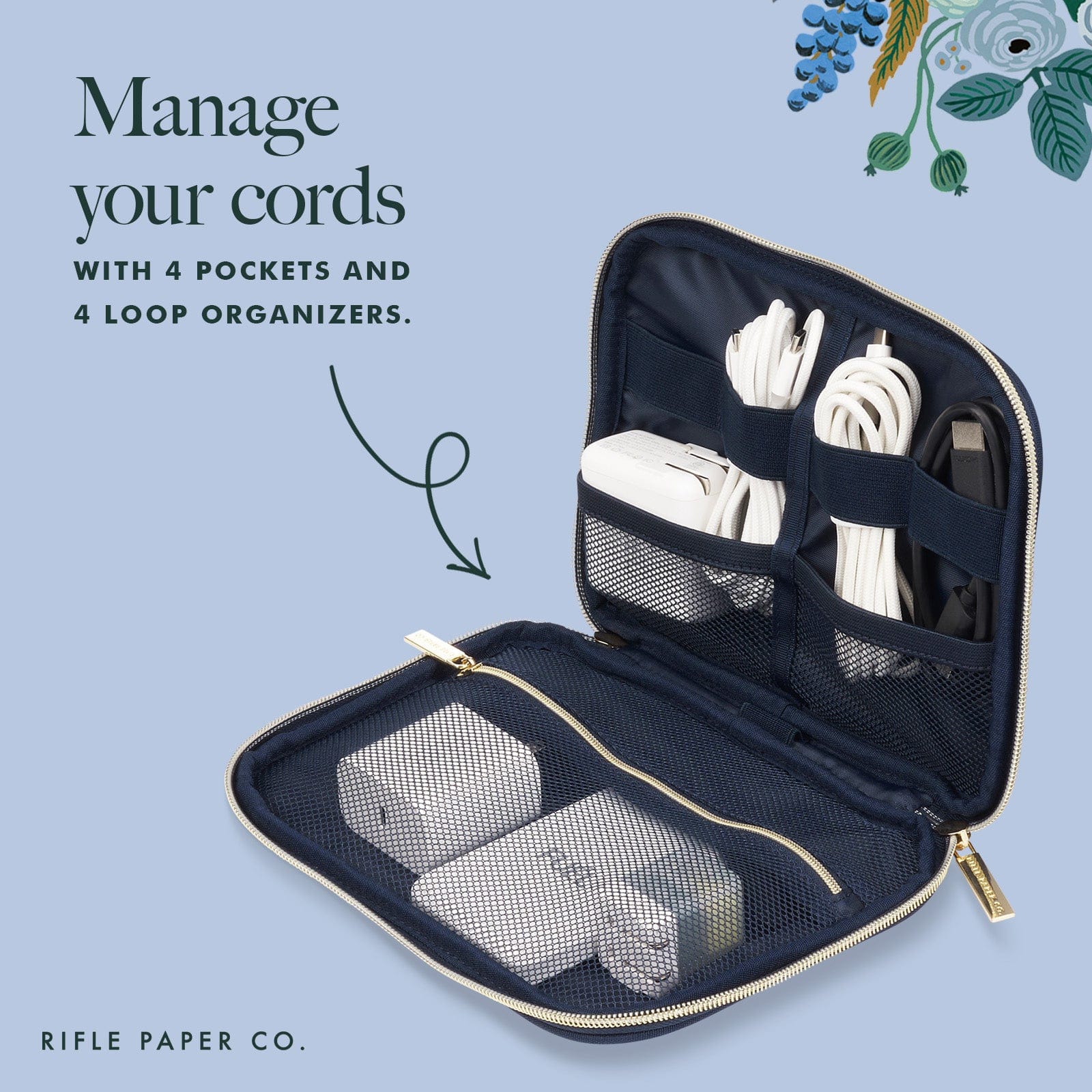 MANAGE YOUR CORDS WITH 4 POCKETS AND 4 LOOP ORGANIZERS. 