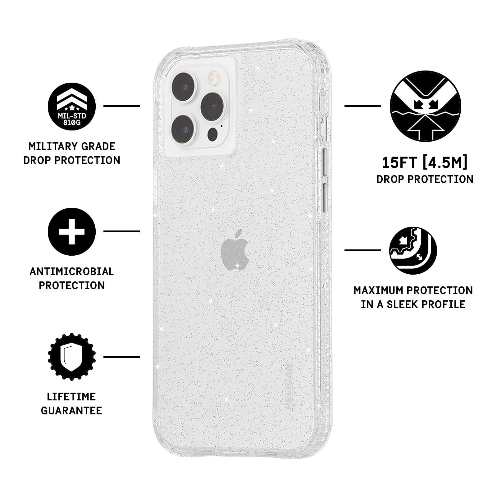 Features Military Grade Drop Protection, Antimicrobial Protection, Lifetime Guarantee, 15 ft Drop Protection, Maximum Protection in a Sleek Profile. color::Sparkle