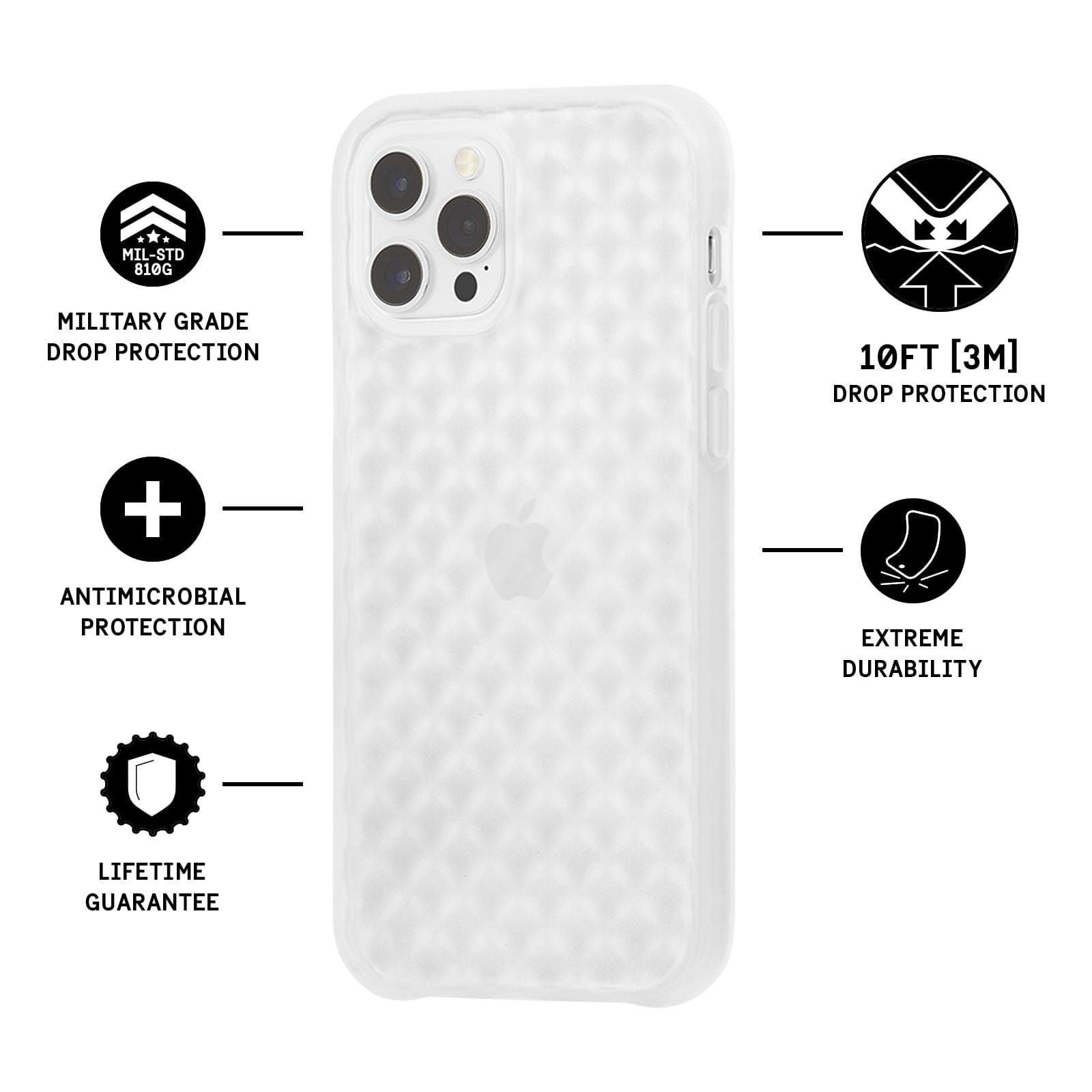 Features Military Grade Drop Protection, Antimicrobial Protection, Lifetime Guarantee, 10 ft Drop Protection, Extreme Durability. color::Clear