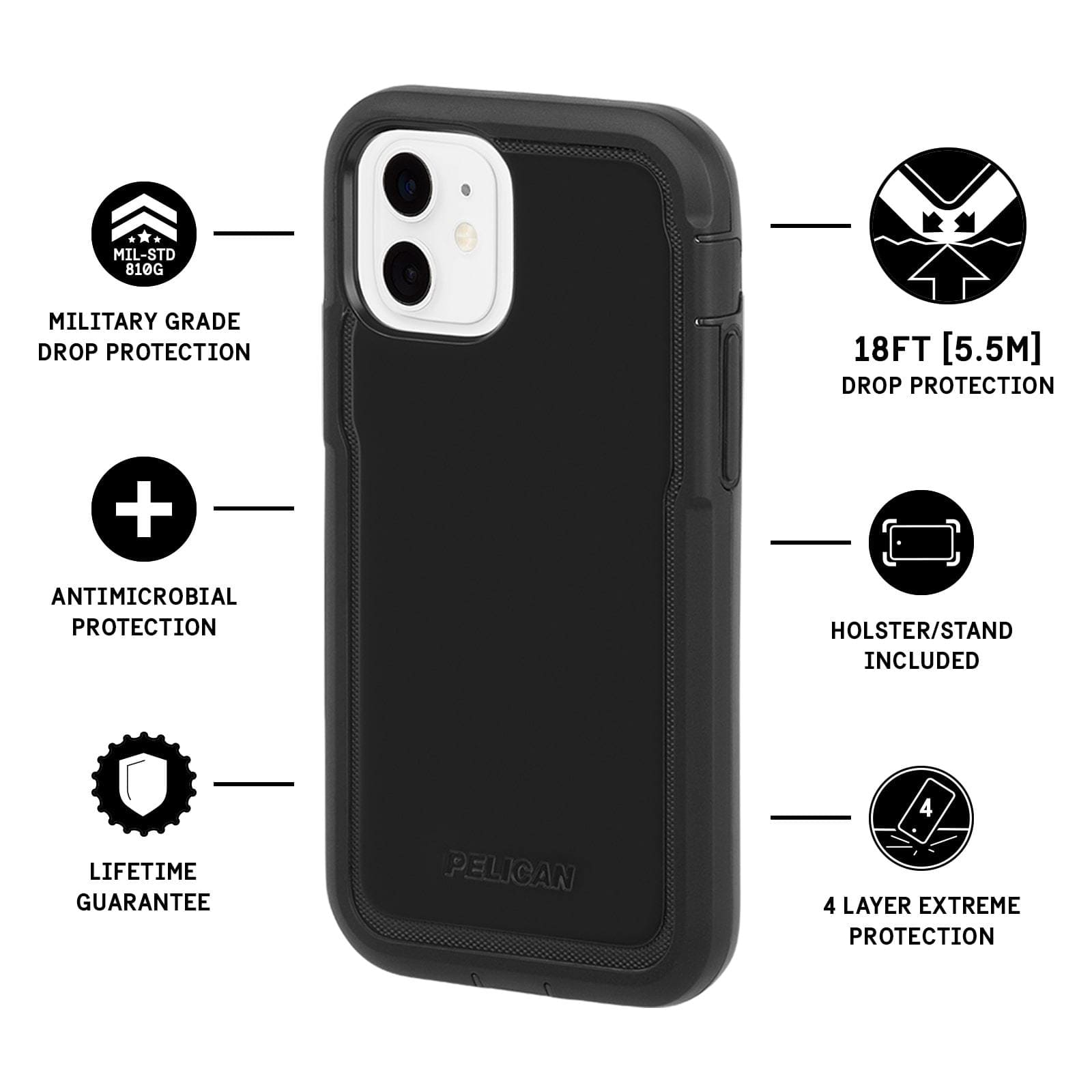 Features Military Grade Drop Protection, Antimicrobial Protection, Lifetime Guarantee, 18 ft Drop Protection, Holster/ stand Included, 4 Layer Extreme Protection. color::Black