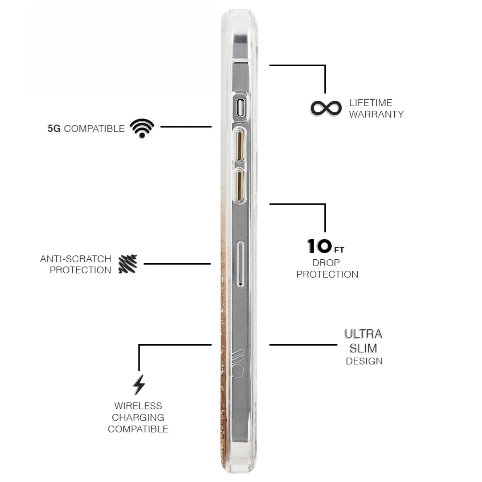 5G Compatible, Anti- Scratch Protection, Wireless Charging Compatible, Lifetime Warranty, 10 ft Drop Protection, Ultra Slim design. color::Twinkle Gold