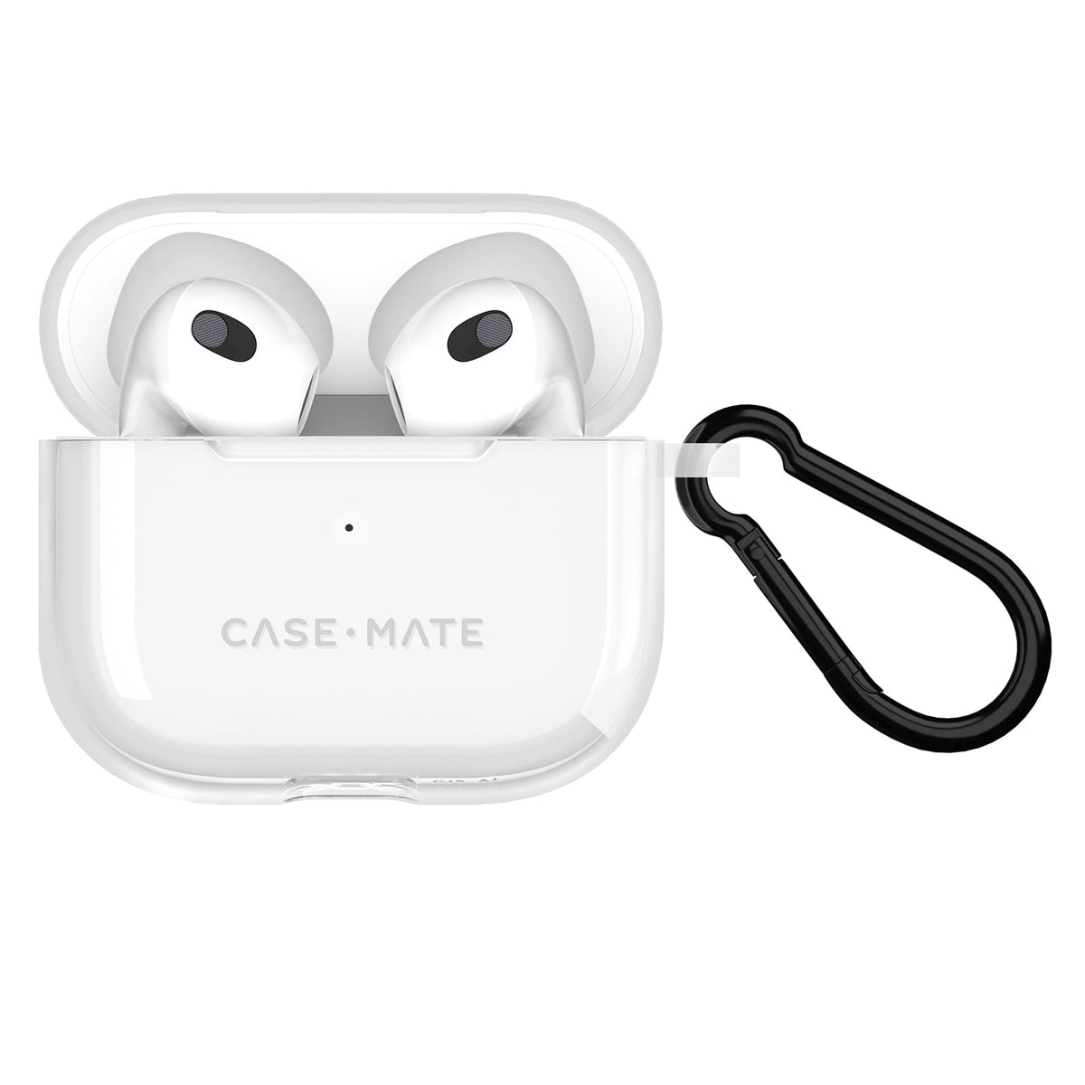 A clear protective case for AirPods Pro with a black carabiner clip attached, shown on a plain white background. The brand name 'CASE-MATE' is printed on the front of the case.
