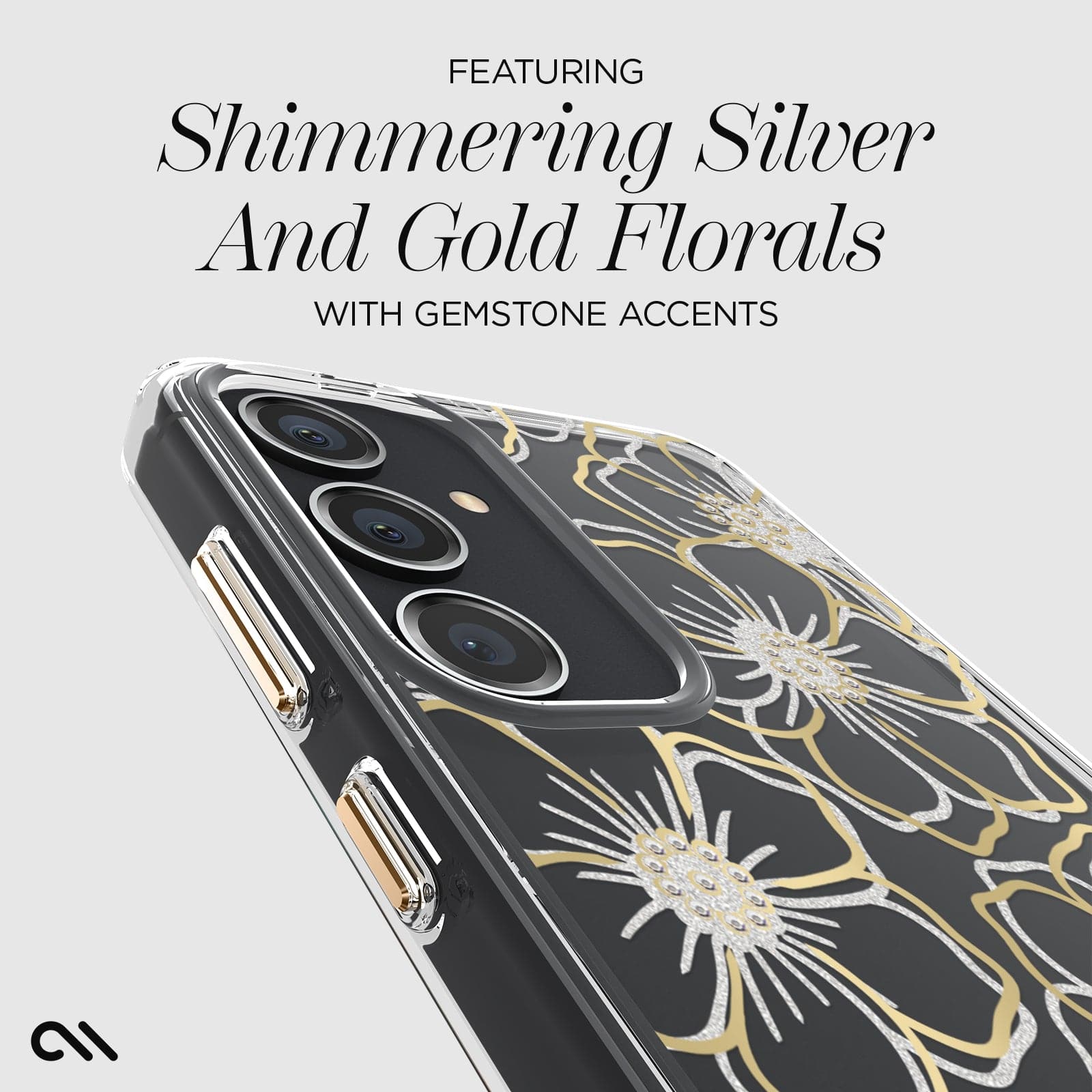 FEATURING SHIMMERING SILVER AND GOLD FLORALS WITH GEMSTONE ACCENTS