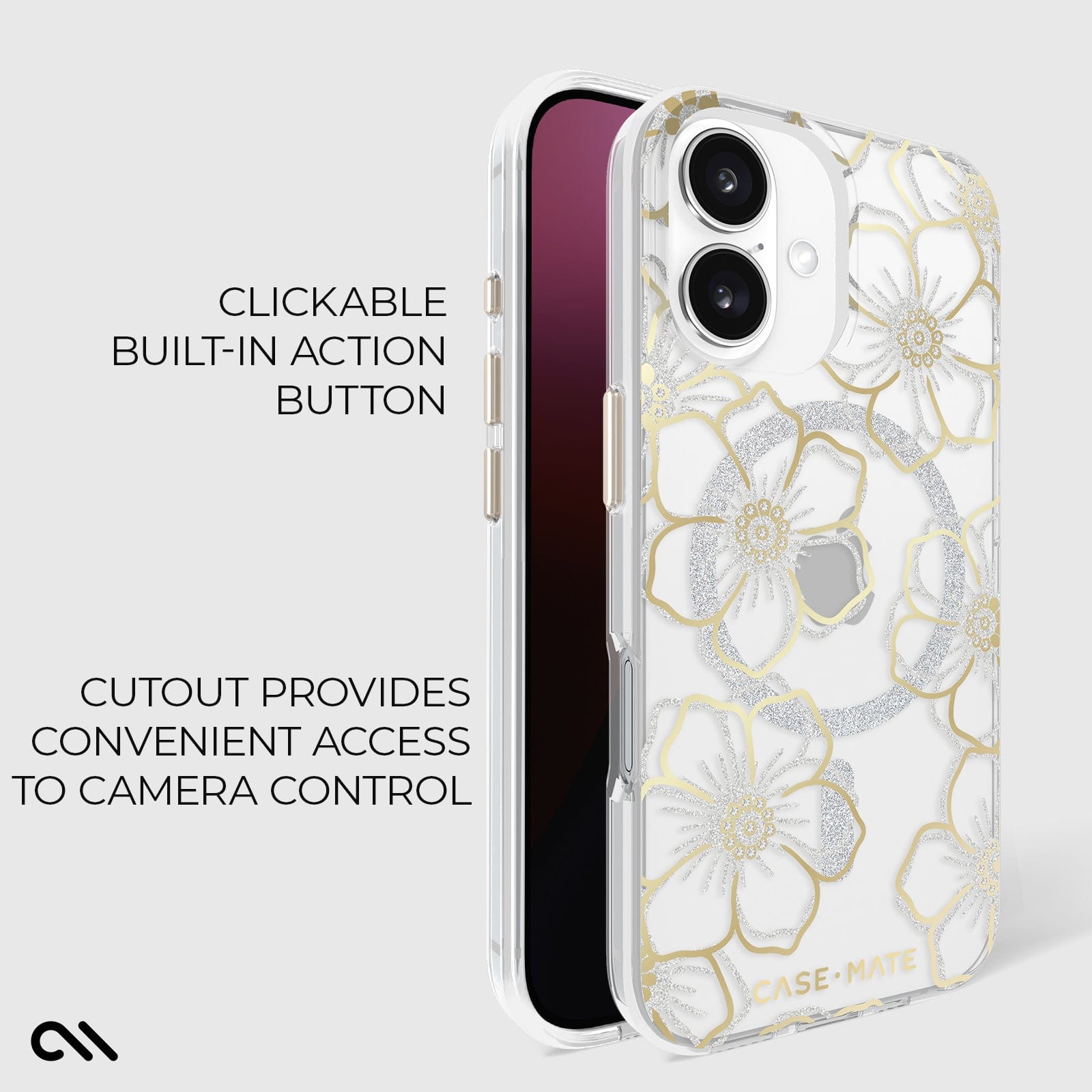 CLICKABLE BUILT-IN ACTION BUTTON. CUTOUT PROVIDES CONVENIENT ACCESS TO CAMERA CONTROL