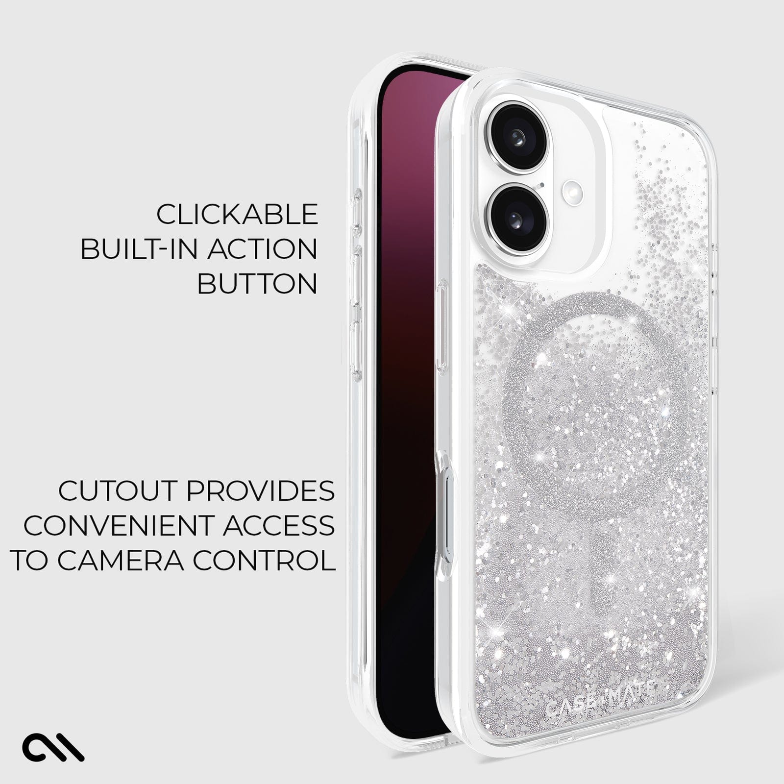 CLICKABLE BUILT-IN ACTION BUTTON. CUTOUT PROVIDES CONVENIENT ACCESS TO CAMERA CONTROL