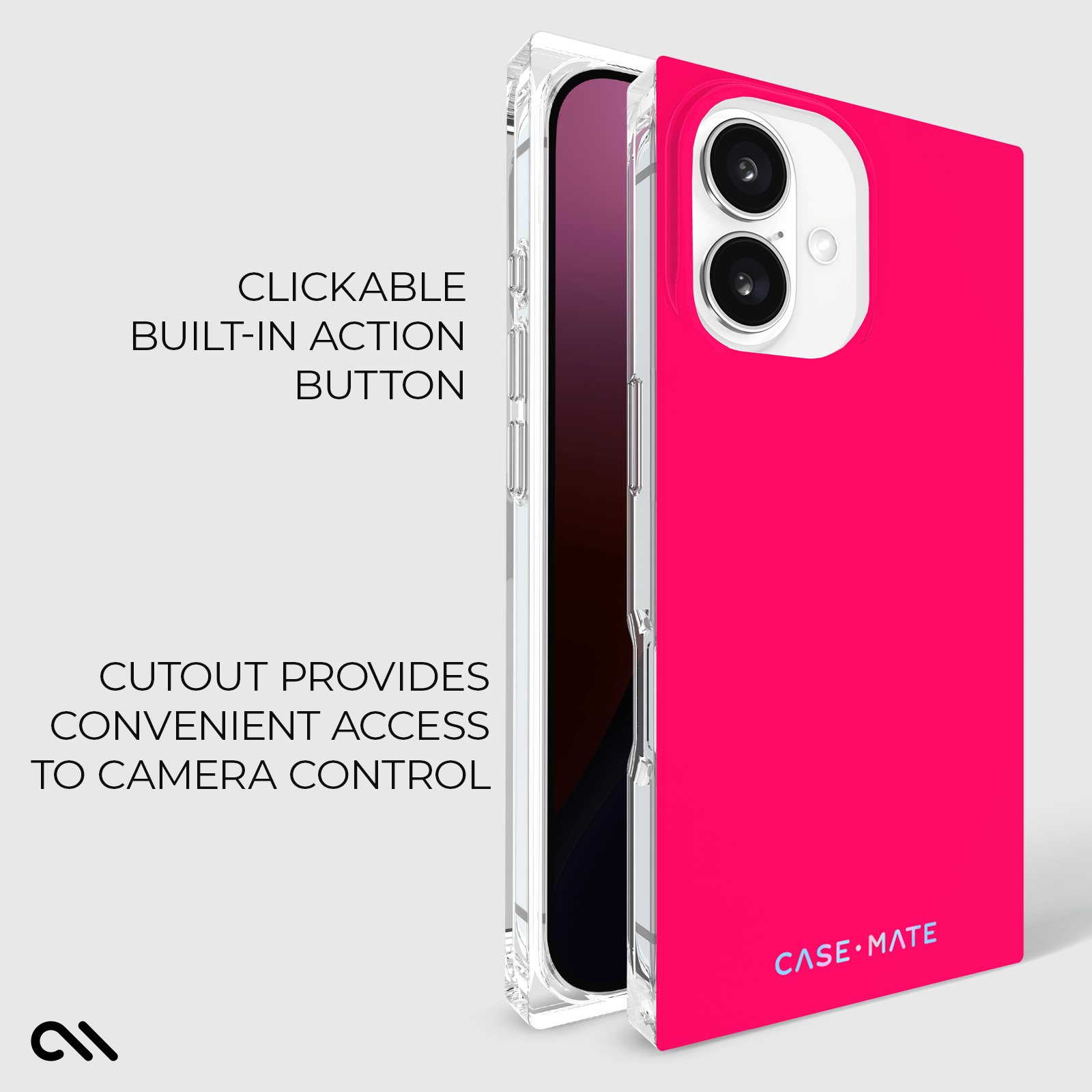 CLICKABLE BUILT-IN ACTION BUTTON. CUTOUT PROVIDES CONVENIENT ACCESS TO CAMERA CONTROL
