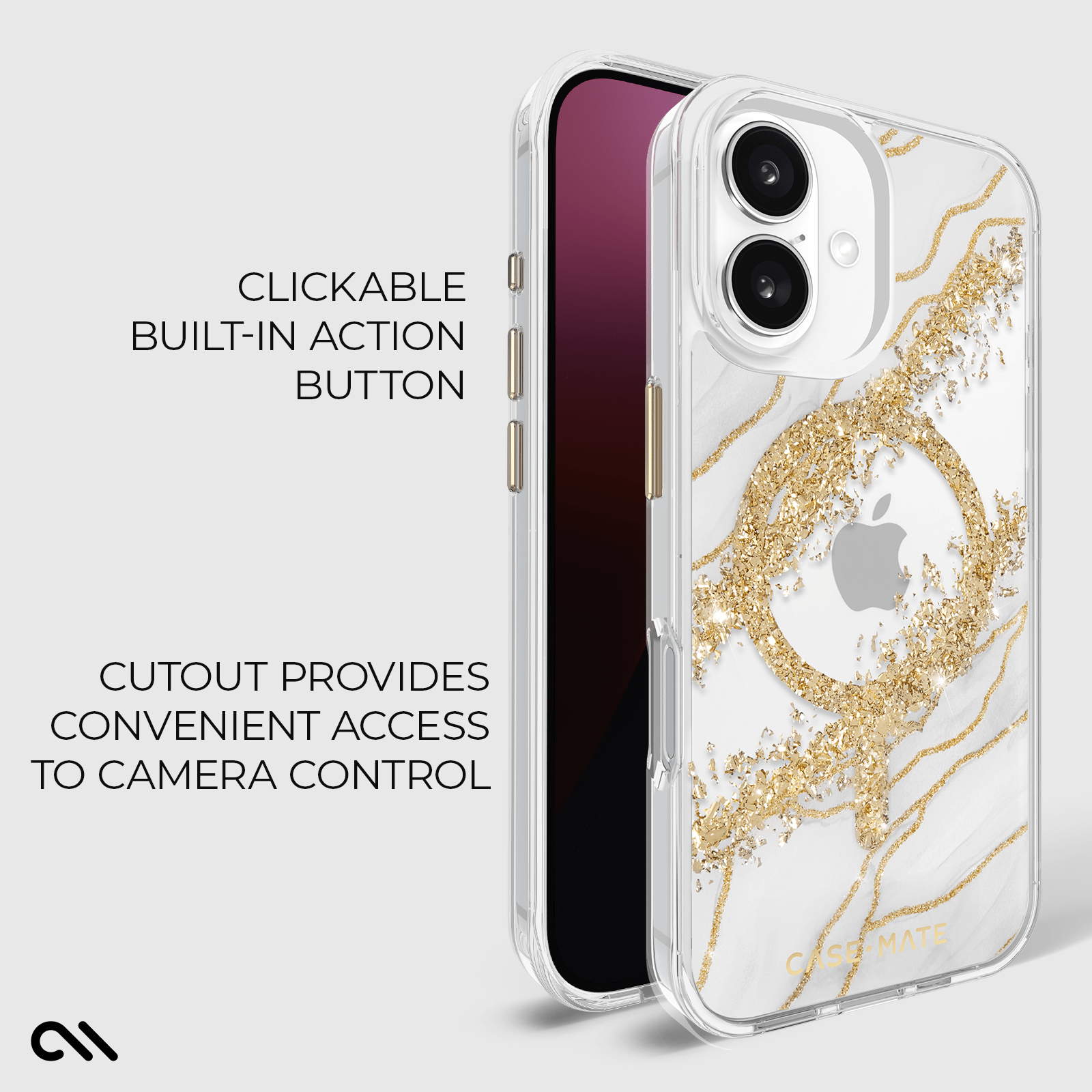 CLICKABLE BUILT-IN ACTION BUTTON. CUTOUT PROVIDES CONVENIENT ACCESS TO CAMERA CONTROL