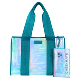 Emerald Soap Bubble jelly tote bag with iridescent pattern and matching phone case on a white background #color_emerald blue iridescent