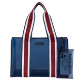 Blue tote bag with red and white stripes and a phone case on a white background
#color_navy rugby stripe