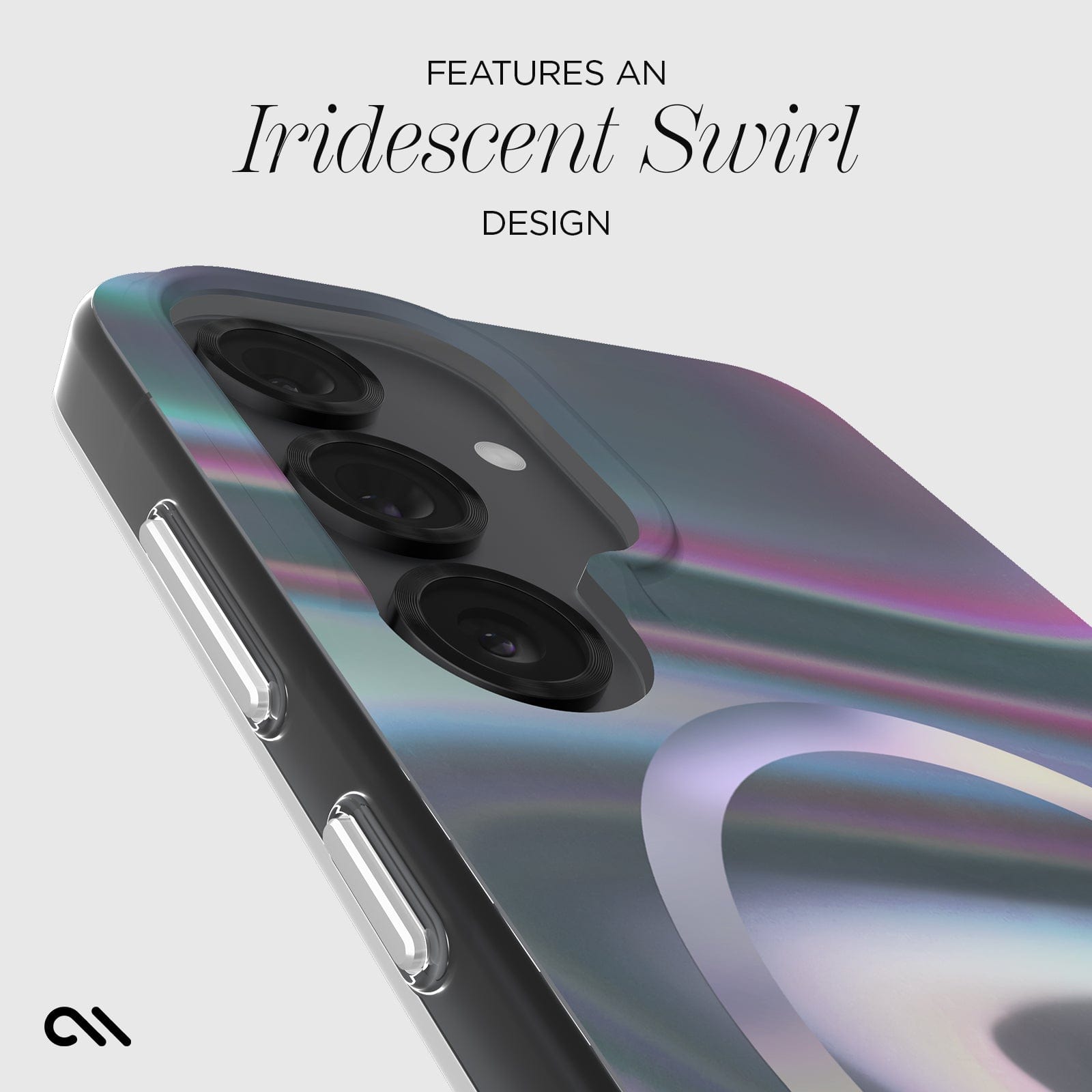 FEATURES AN IRIDESCENT SWIRL DESIGN