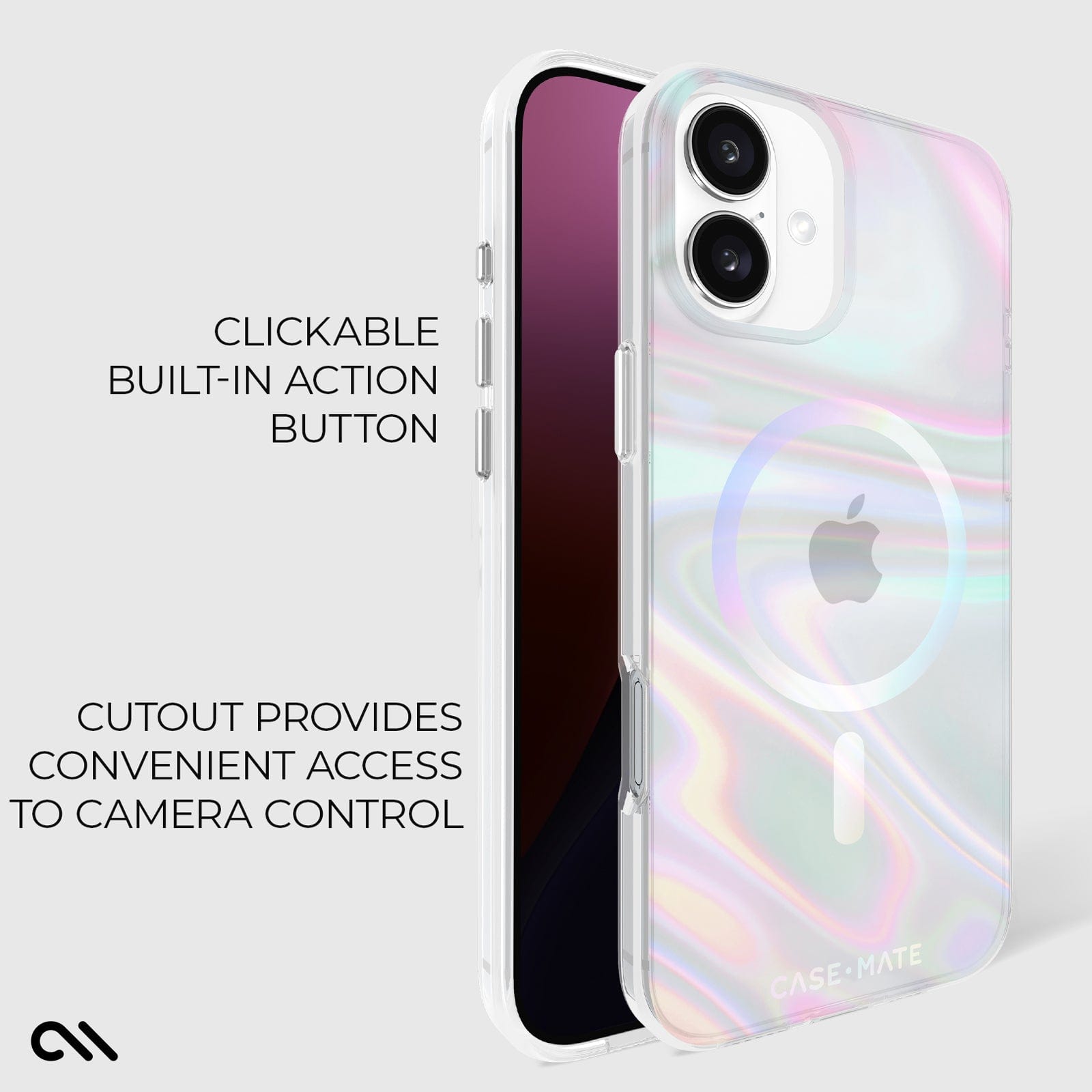 CLICKABLE BUILT-IN ACTION BUTTON. CUTOUT PROVIDES CONVENIENT ACCESS TO CAMERA CONTROL