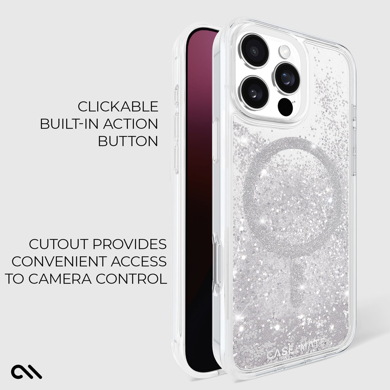 CLICKABLE BUILT IN ACTION BUTTON. CUTOUT PROVIDES CONVENIENT ACCESS TO CAMERA CONTROL
