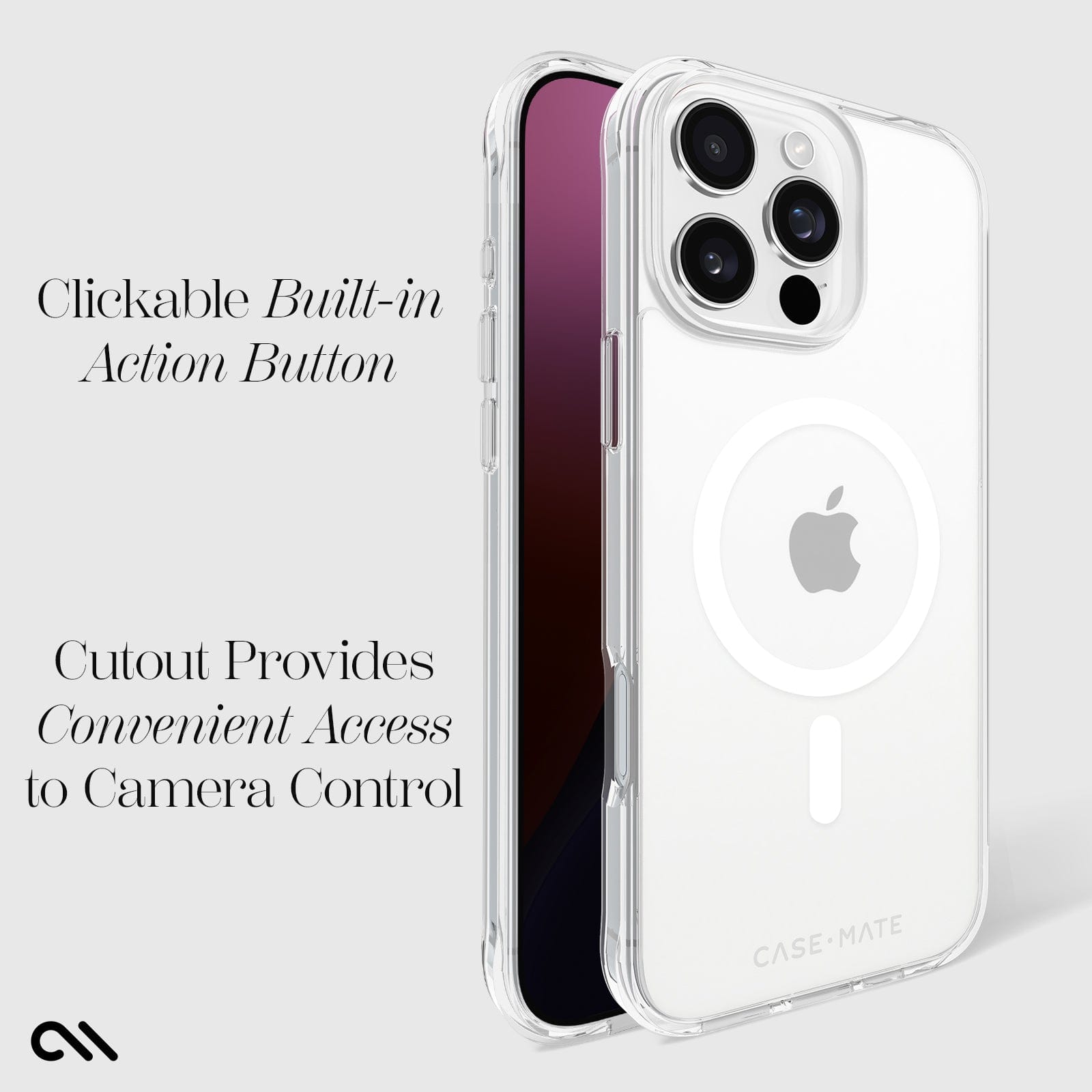 CLICKABLE BUILT IN ACTION BUTTON CUTOUT PROVIDES CONVENIENT ACCESS TO CAMERA CONTROL