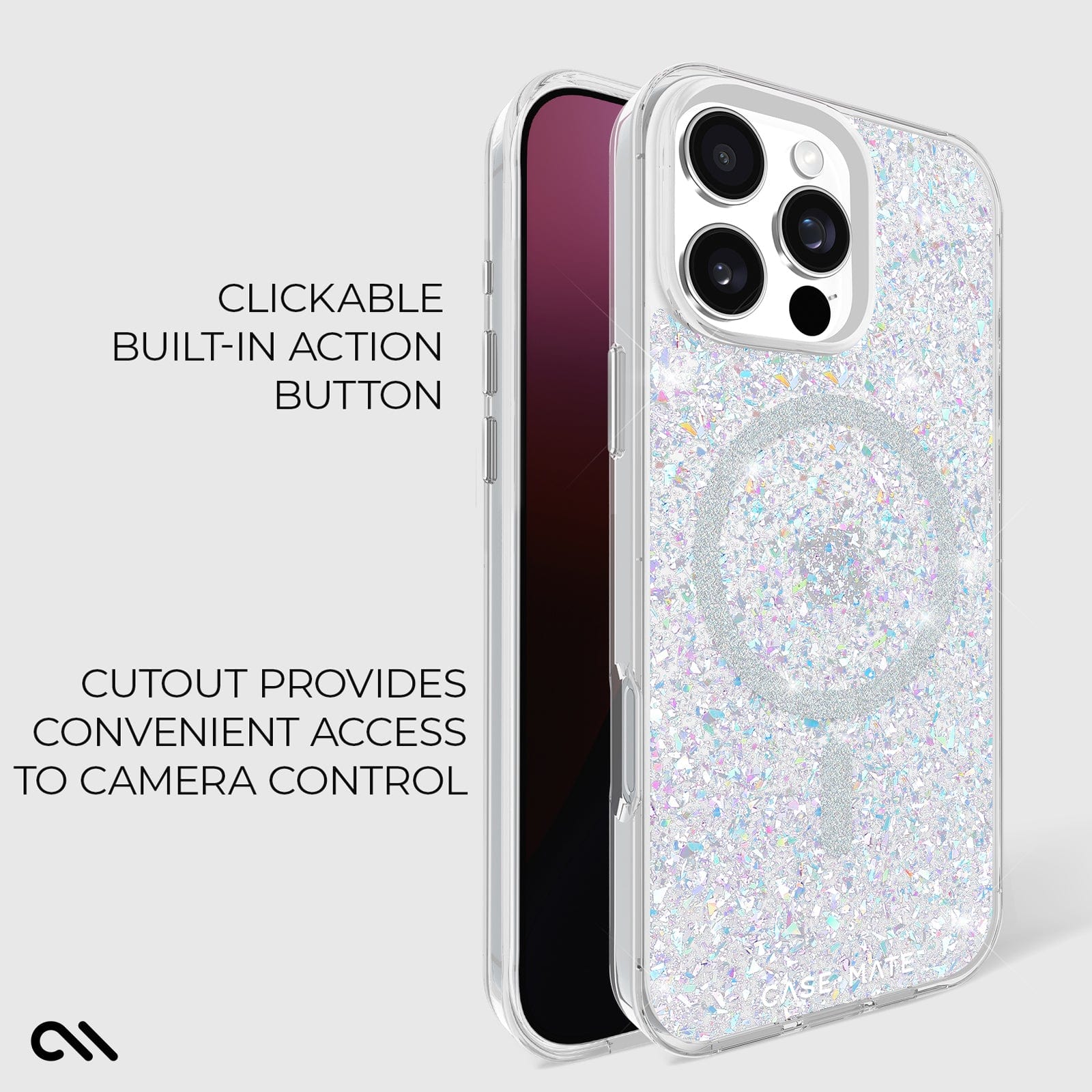 CLICKABLE BUILT IN ACTION BUTTON. CUTOUT PROVIDES CONVENIENT ACCESS TO CAMERA CONTROL