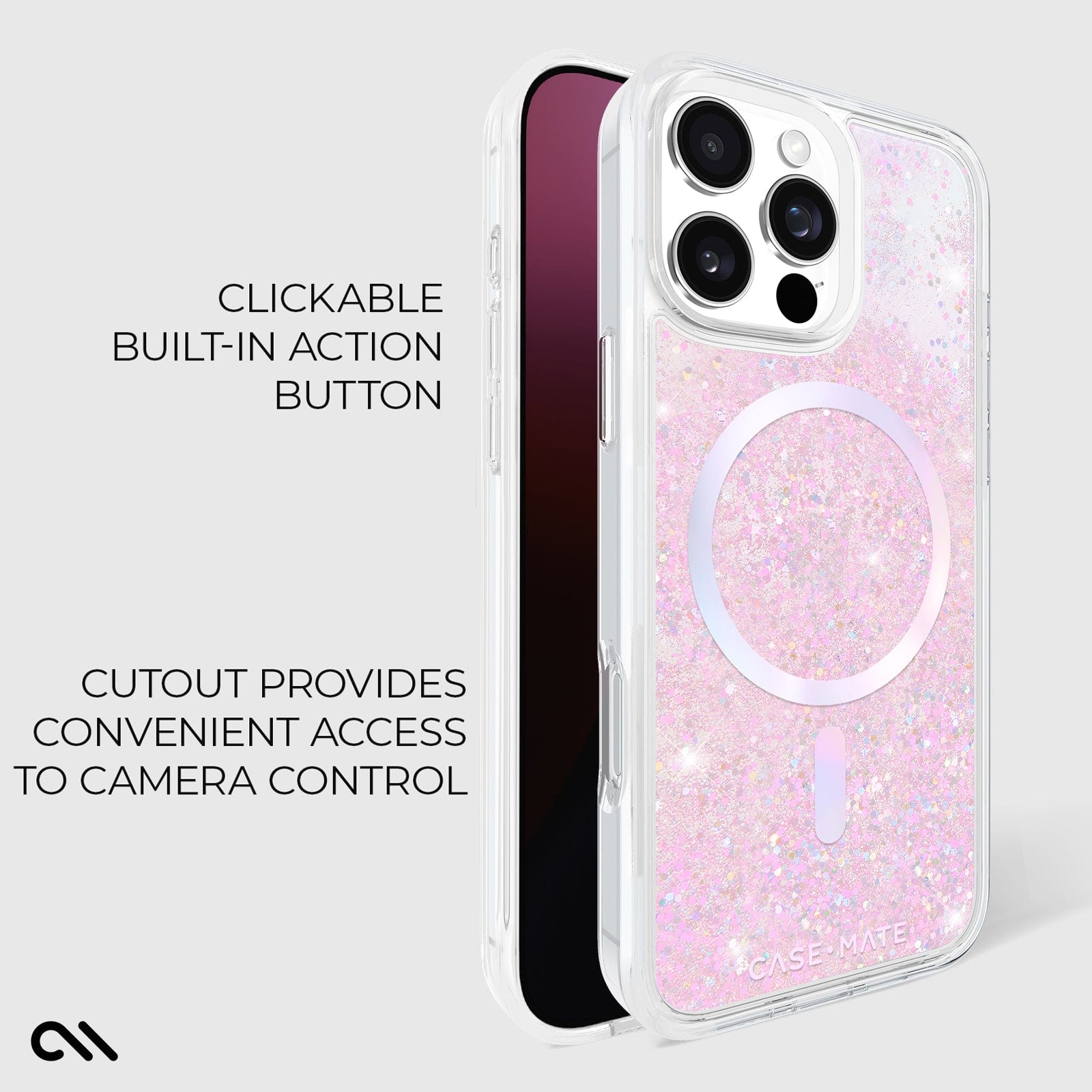 CLICKABLE BUILT IN ACTION BUTTON. CUTOUT PROVIDES CONVENIENT ACCESS TO CAMERA CONTROL