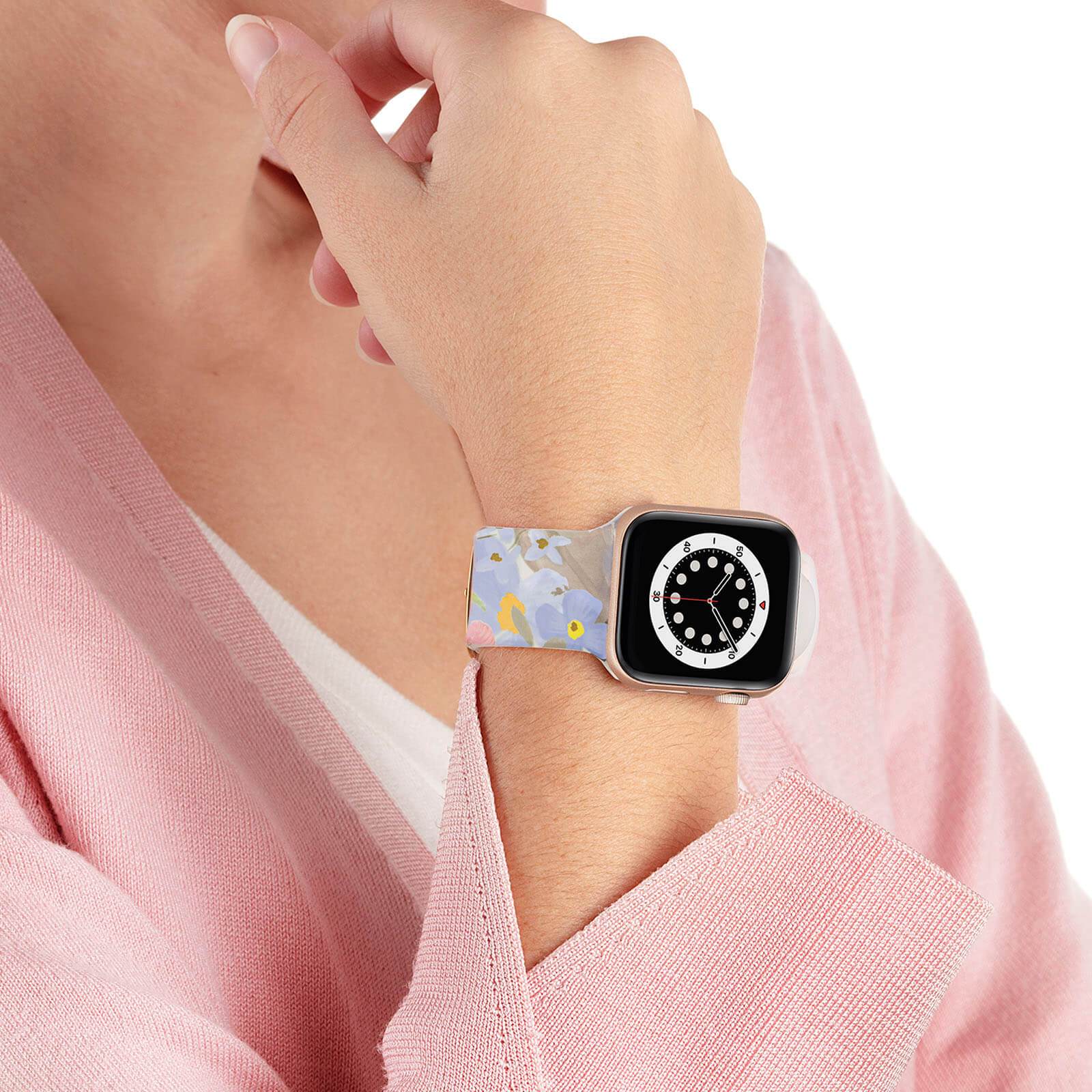 RPC watch band on wrist. color::Marguerite