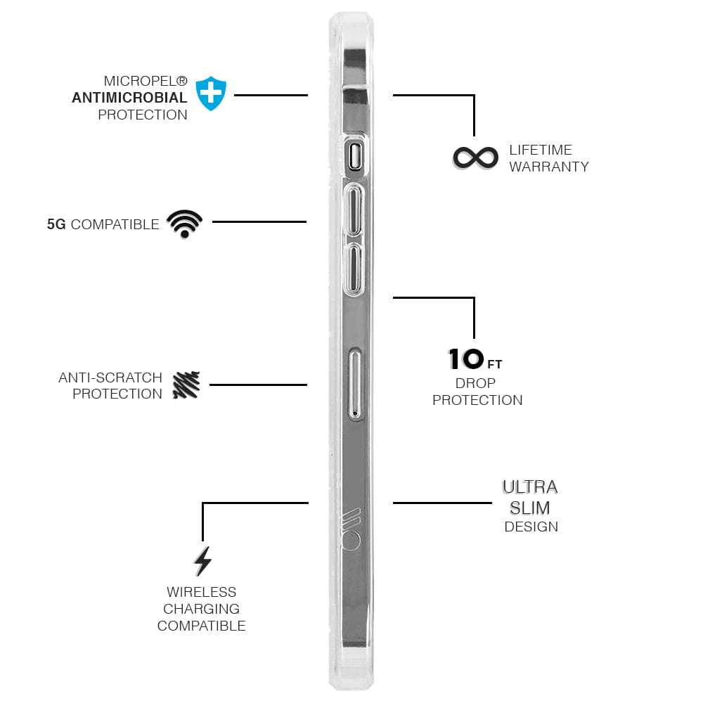antimicrobial protection, lifetime warranty, 5g compatible, 10ft drop protection, ultra slim design, wireless charging compatible, anti-scratch protection