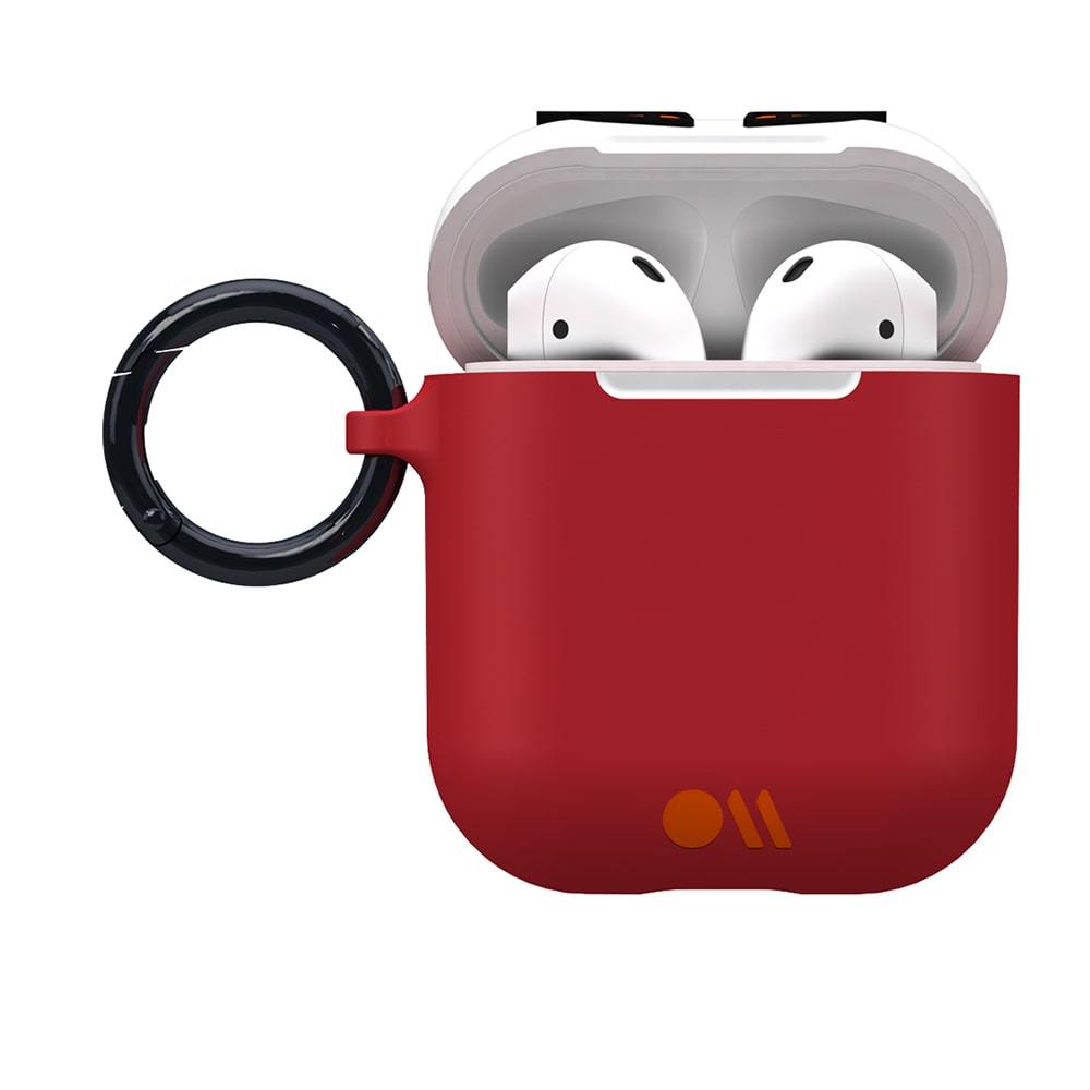 Red orange and black creature figure AirPods case. color::Edge