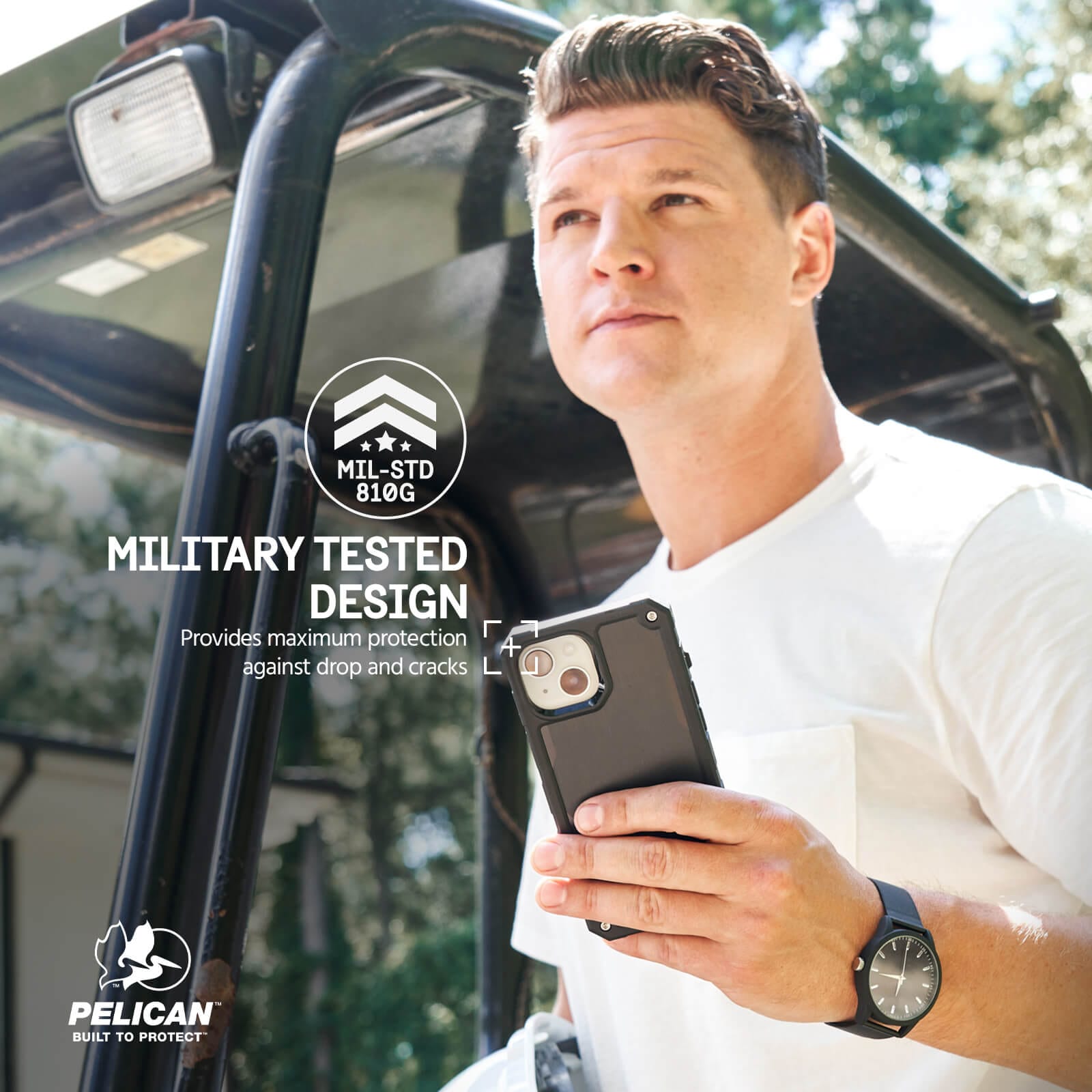 MILITARY TESTED DESIGN. PROVIDES MAXIMUM PROTECTION AGAINST DROP AND CRACKS.