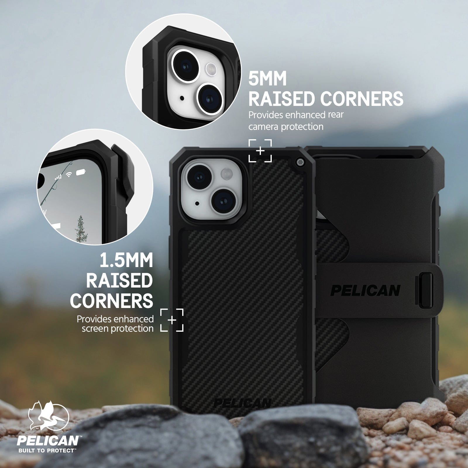 5MM RAISED CORNERS PROVIDES ENHANCED REAR CAMERA PROTECTION. 1.5MM RAISED CORNERS PROVIDES ENHANCED SCREEN PROTECTION.