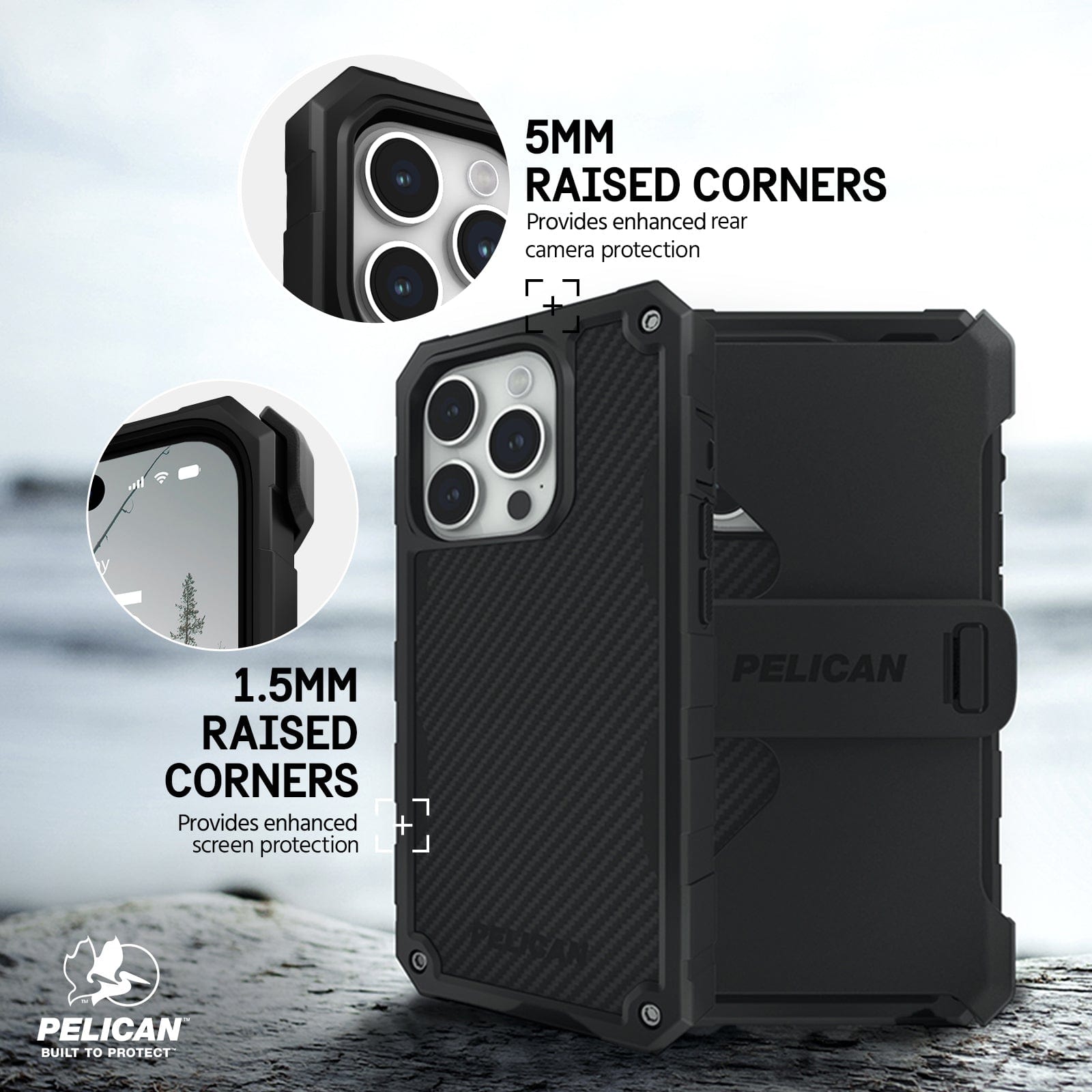 5MM RAISED CORNERS PROVIDES ENHANCED REAR CAMERA PROTECTION. 1.5MM RAISED CORNERS PROVIDES ENHANCED SCREEN PROTECTION.