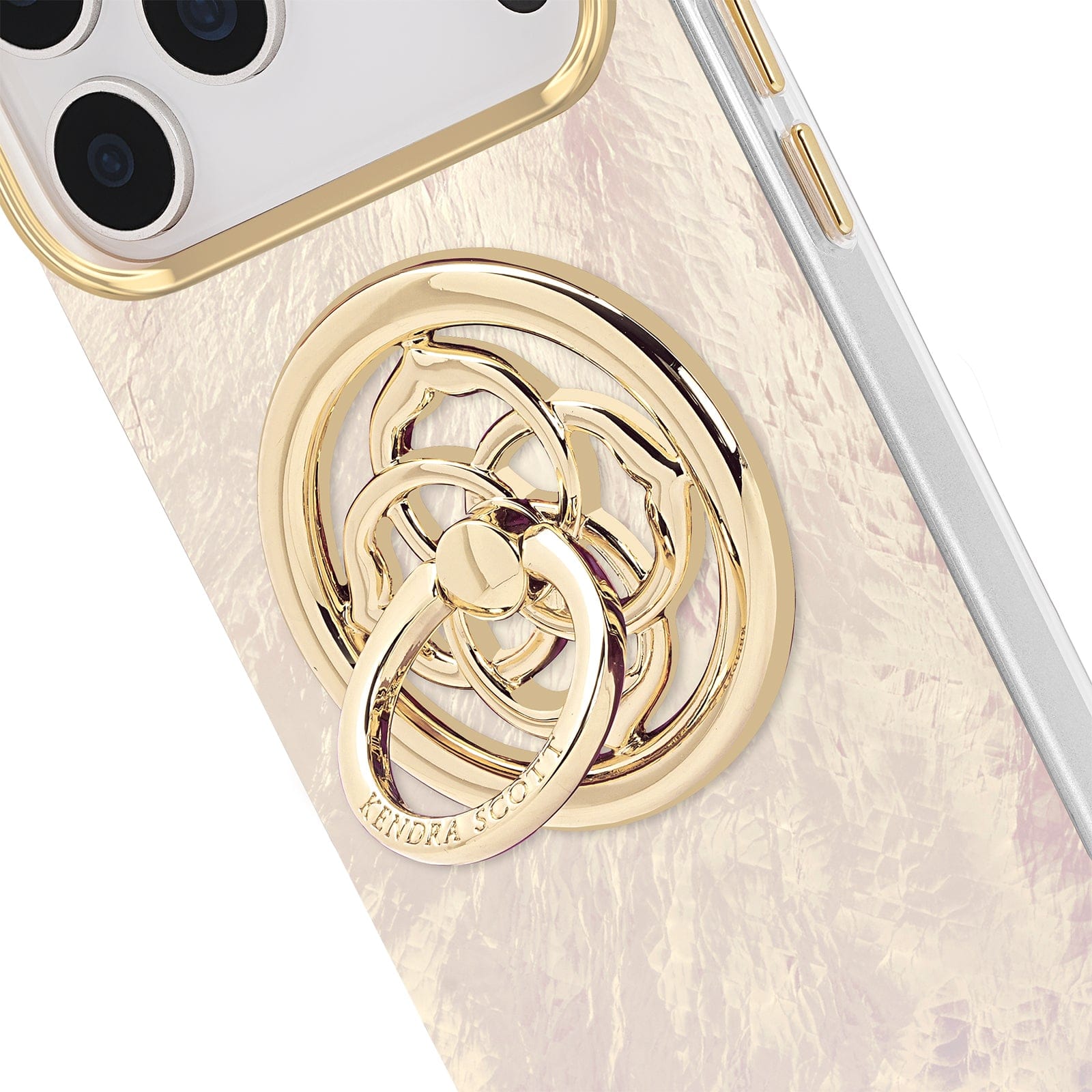 Phone case with gold ring holder and 'Kendra Scott' branding on a white background #color_gold