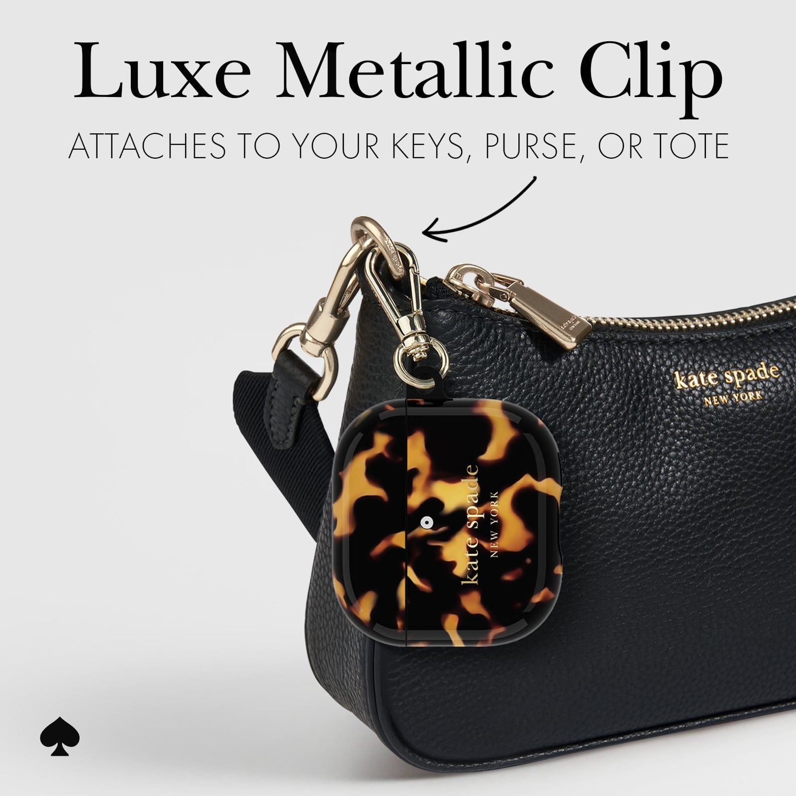 Luxe metallic clip attaches to your keys, purse, or tote