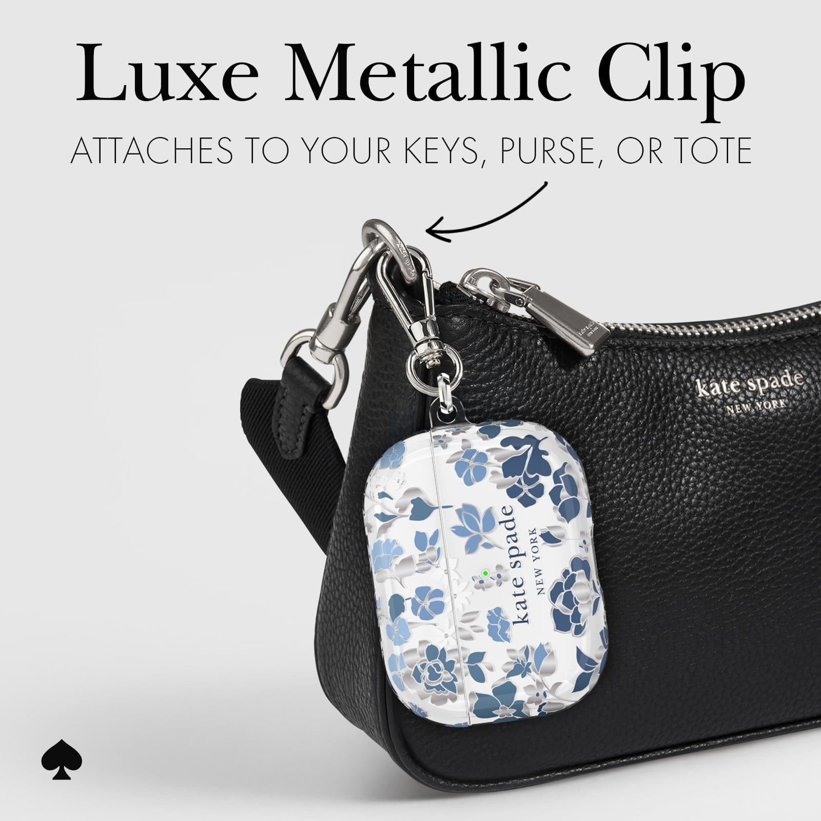 Luxe metallic clip attaches to your keys, purse, or tote