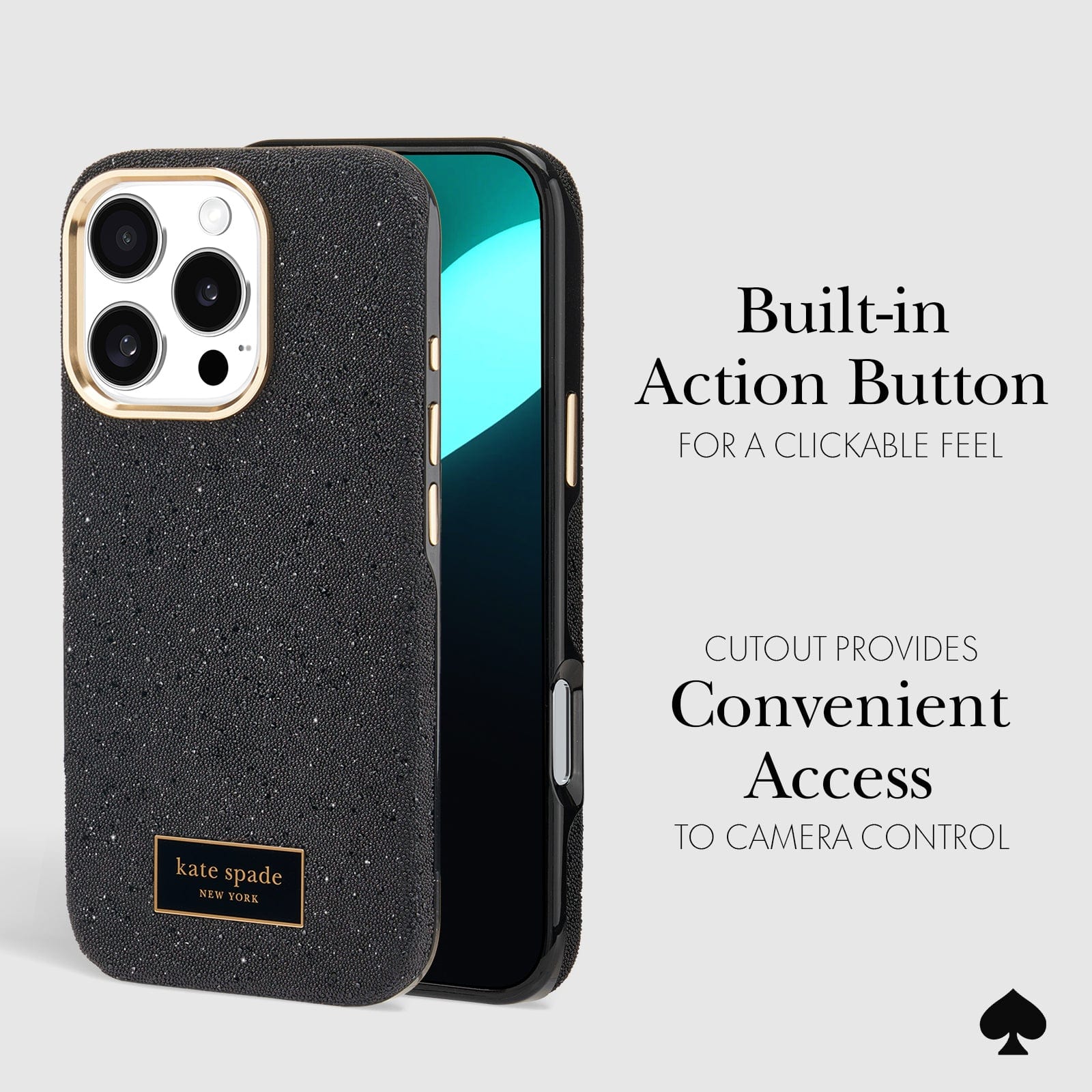 BUILT IN ACTION BUTTON FOR A CLICKABLE FEEL. CUTOUT PROVIDES CONVENIENT ACCESS TO CAMERA CONTROL