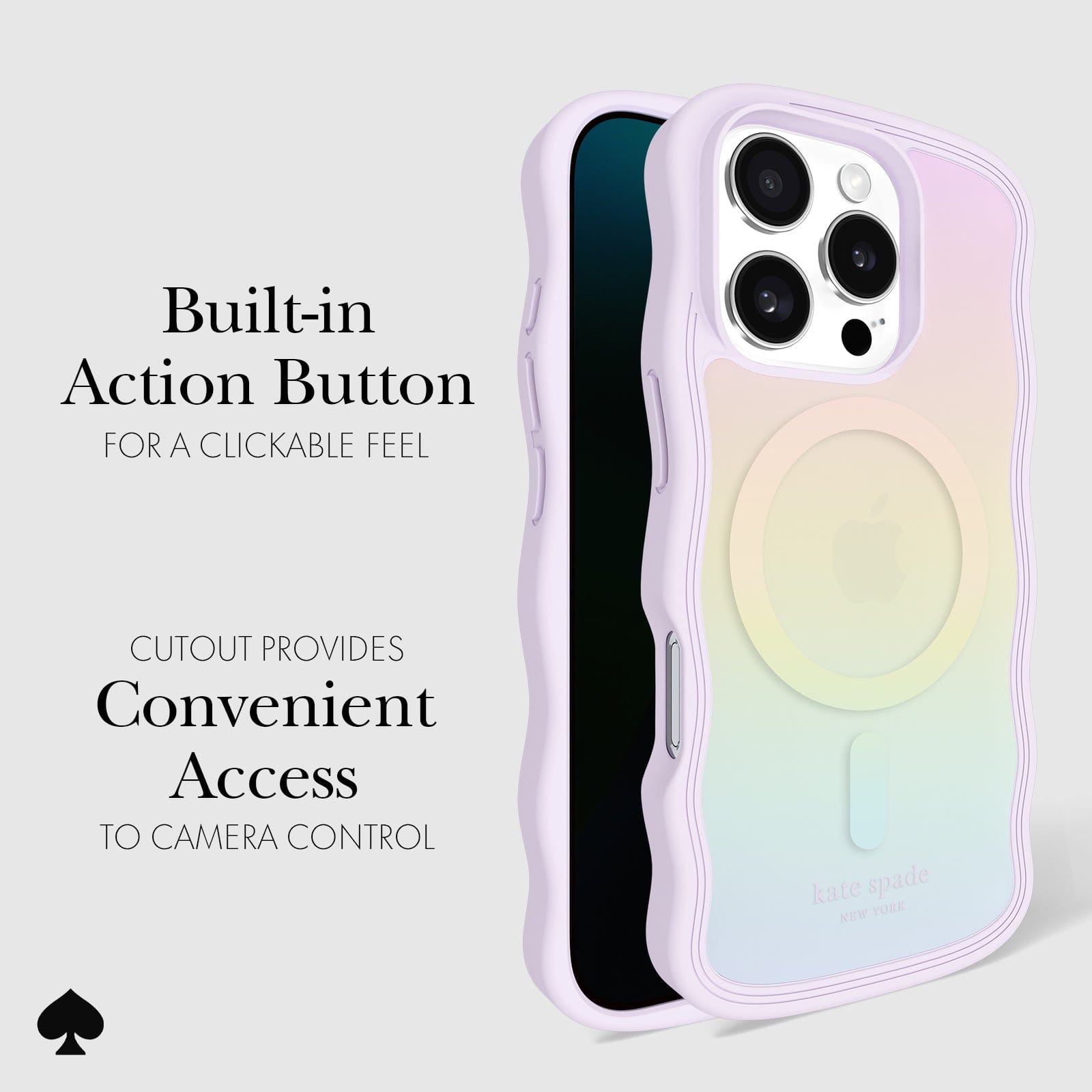 BUILT IN ACTION BUTTON FOR A CLICKABLE FEEL. CUTOUT PROVIDES CONVENIENT ACCESS TO CAMERA CONTROL