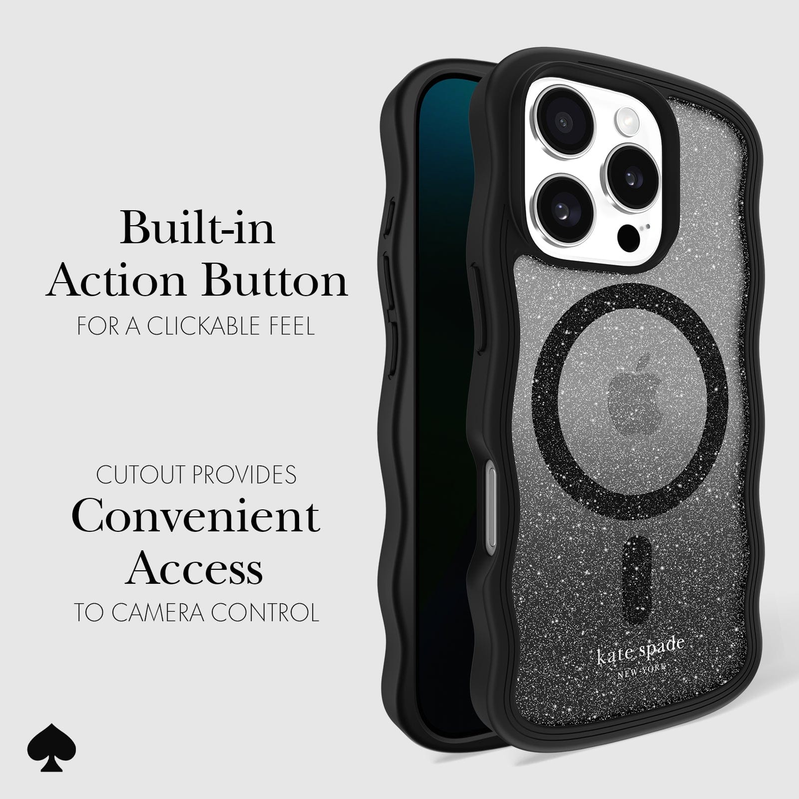 BUILT IN ACTION BUTTON FOR A CLICKABLE FEEL. CUTOUT PROVIDES CONVENIENT ACCESS TO CAMERA CONTROL
