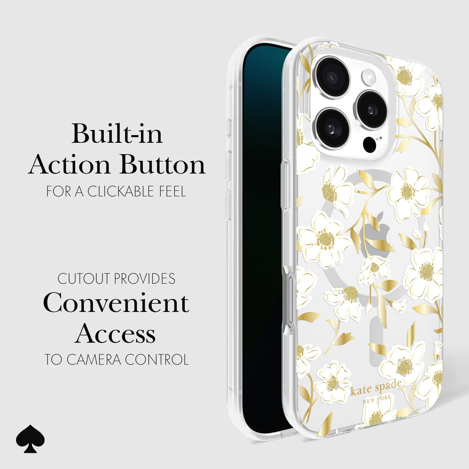 BUILT IN ACTION BUTTON FOR A CLICKABLE FEEL. CUTOUT PROVIDES CONVENIENT ACCESS TO CAMERA CONTROL