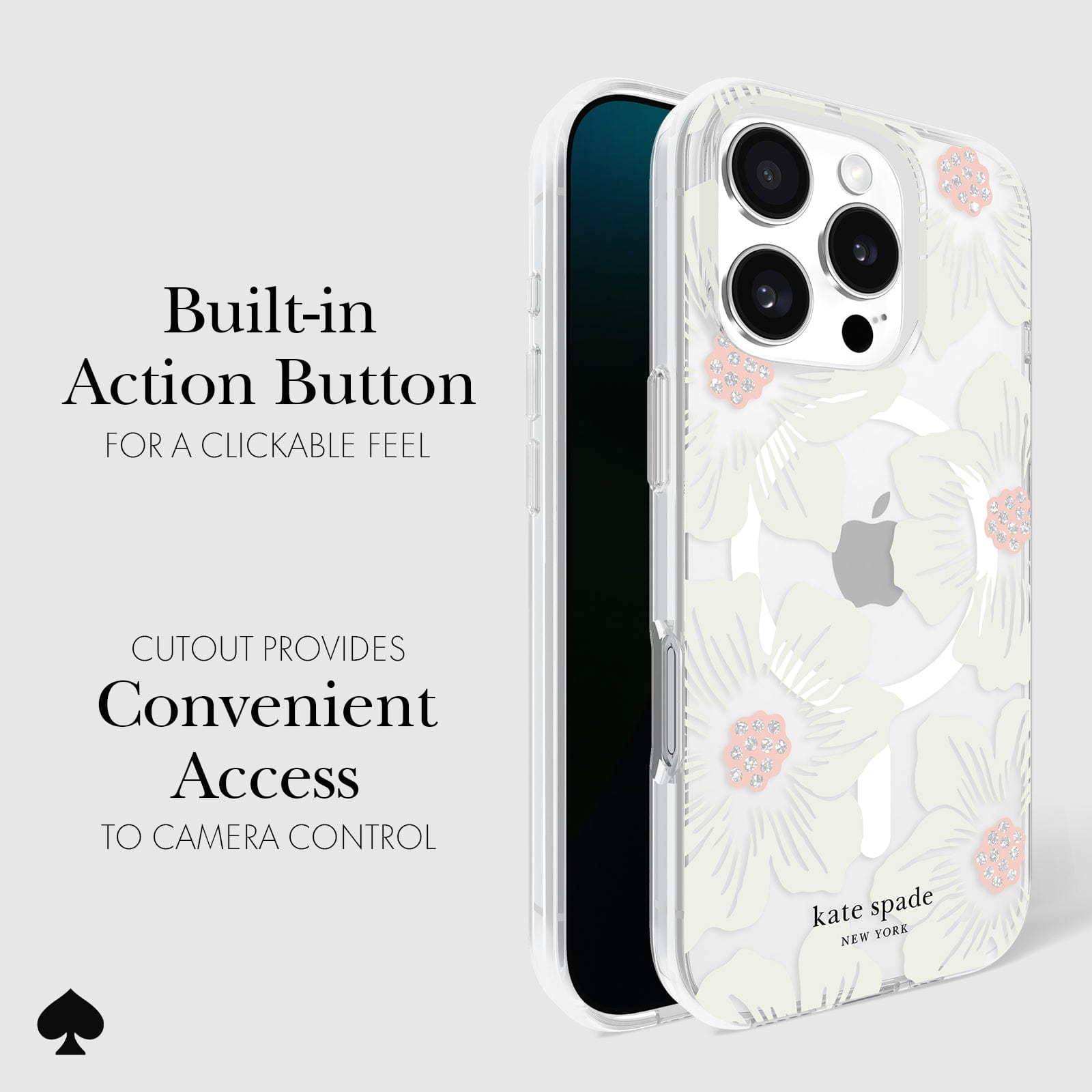 BUILT IN ACTION BUTTON FOR A CLICKABLE FEEL. CUTOUT PROVIDES CONVENIENT ACCESS TO CAMERA CONTROL.