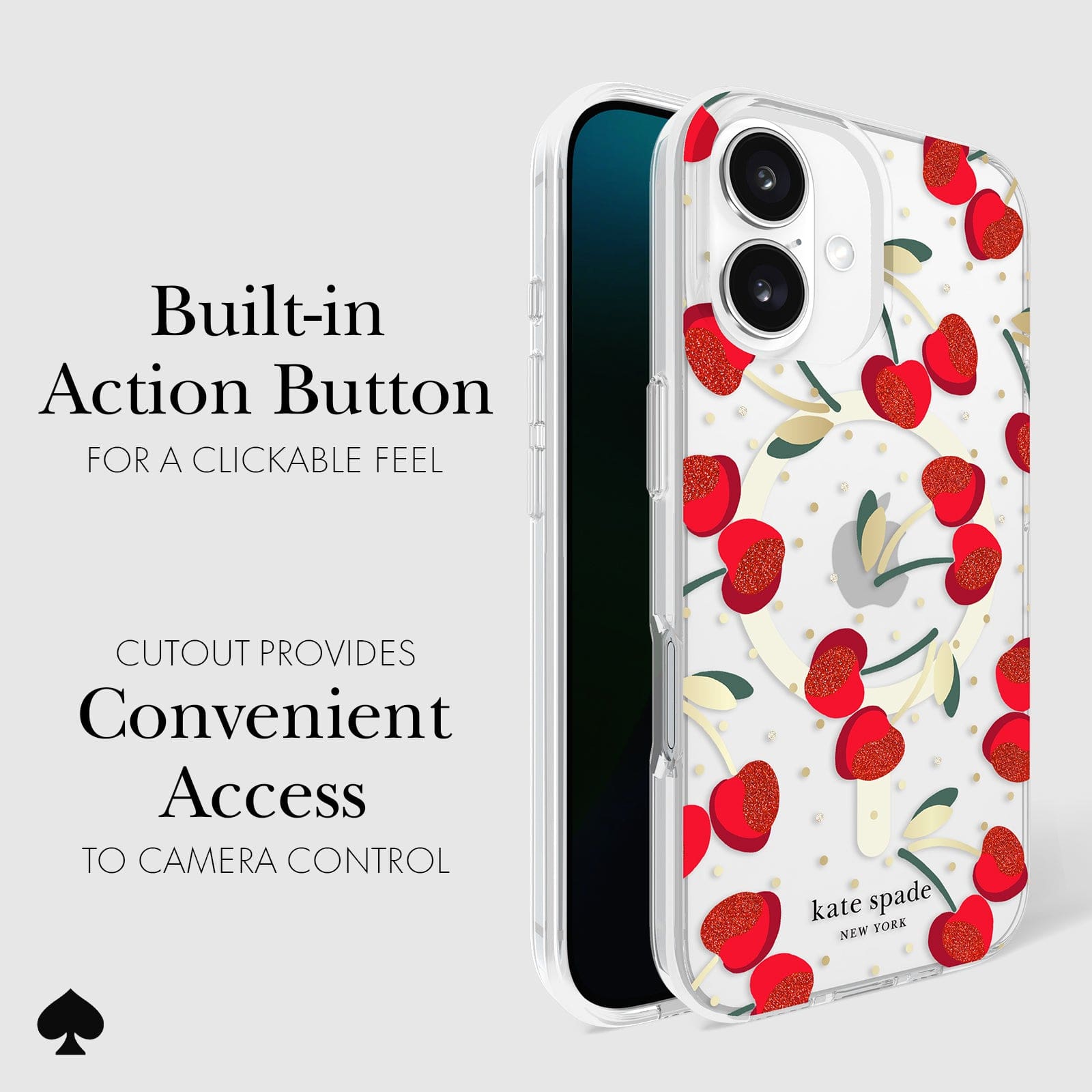 CLICKABLE BUILT-IN ACTION BUTTON. CUTOUT PROVIDES CONVENIENT ACCESS TO CAMERA CONTROL