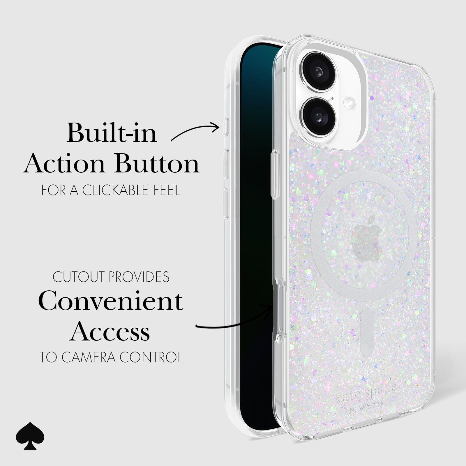 CLICKABLE BUILT-IN ACTION BUTTON. CUTOUT PROVIDES CONVENIENT ACCESS TO CAMERA CONTROL