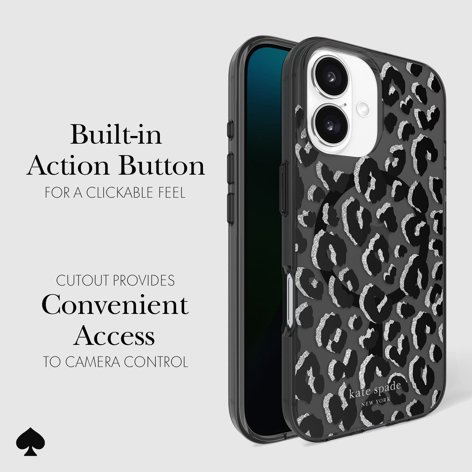 CLICKABLE BUILT-IN ACTION BUTTON. CUTOUT PROVIDES CONVENIENT ACCESS TO CAMERA CONTROL