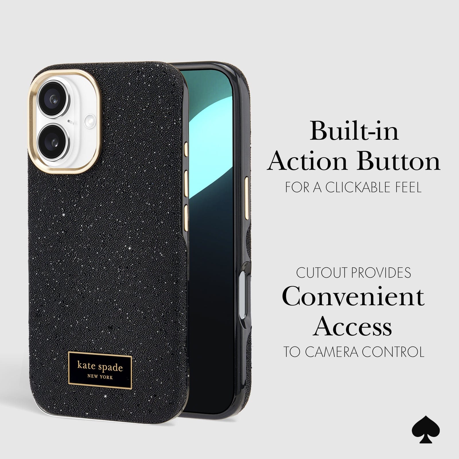 CLICKABLE BUILT-IN ACTION BUTTON. CUTOUT PROVIDES CONVENIENT ACCESS TO CAMERA CONTROL