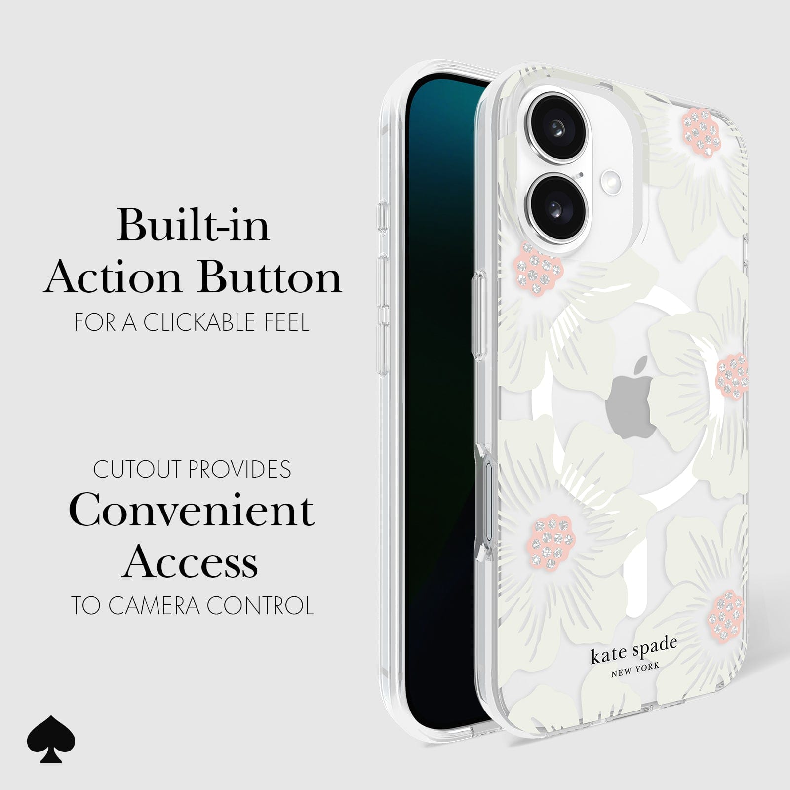 CLICKABLE BUILT-IN ACTION BUTTON. CUTOUT PROVIDES CONVENIENT ACCESS TO CAMERA CONTROL