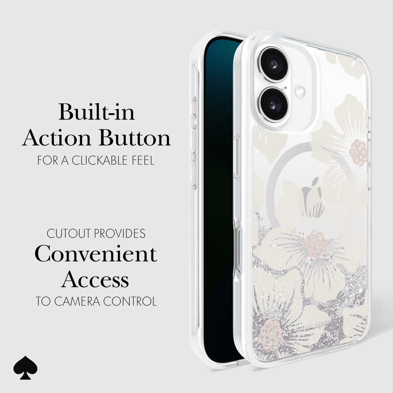 BUILT IN ACTION BUTTON FOR A CLICKABLE FEEL. CUTOUT PROVIDES CONVENIENT ACCESS TO CAMERA CONTROL