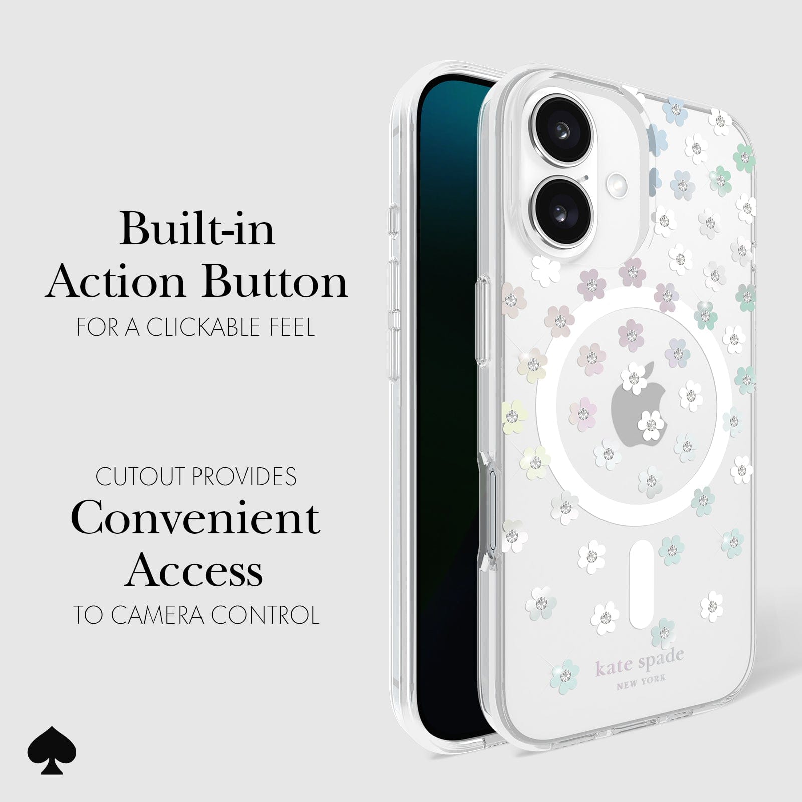 CLICKABLE BUILT-IN ACTION BUTTON. CUTOUT PROVIDES CONVENIENT ACCESS TO CAMERA CONTROL