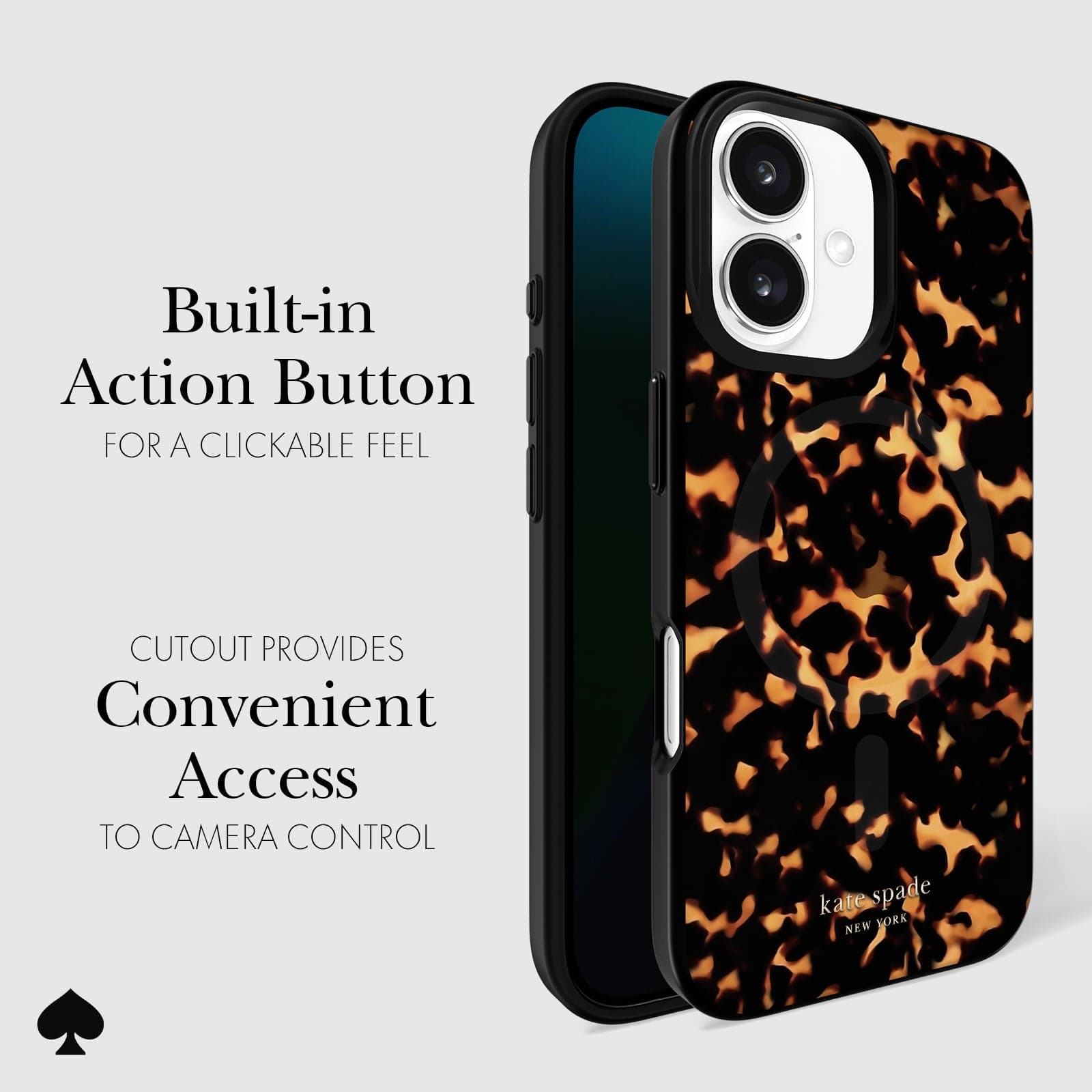 CLICKABLE BUILT-IN ACTION BUTTON. CUTOUT PROVIDES CONVENIENT ACCESS TO CAMERA CONTROL