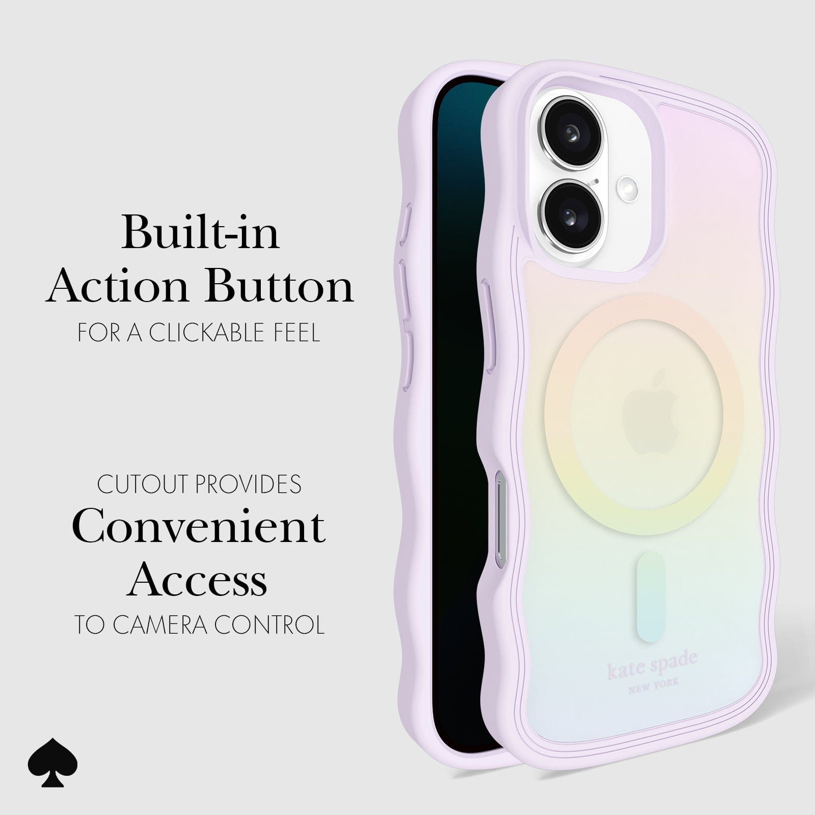 CLICKABLE BUILT-IN ACTION BUTTON. CUTOUT PROVIDES CONVENIENT ACCESS TO CAMERA CONTROL