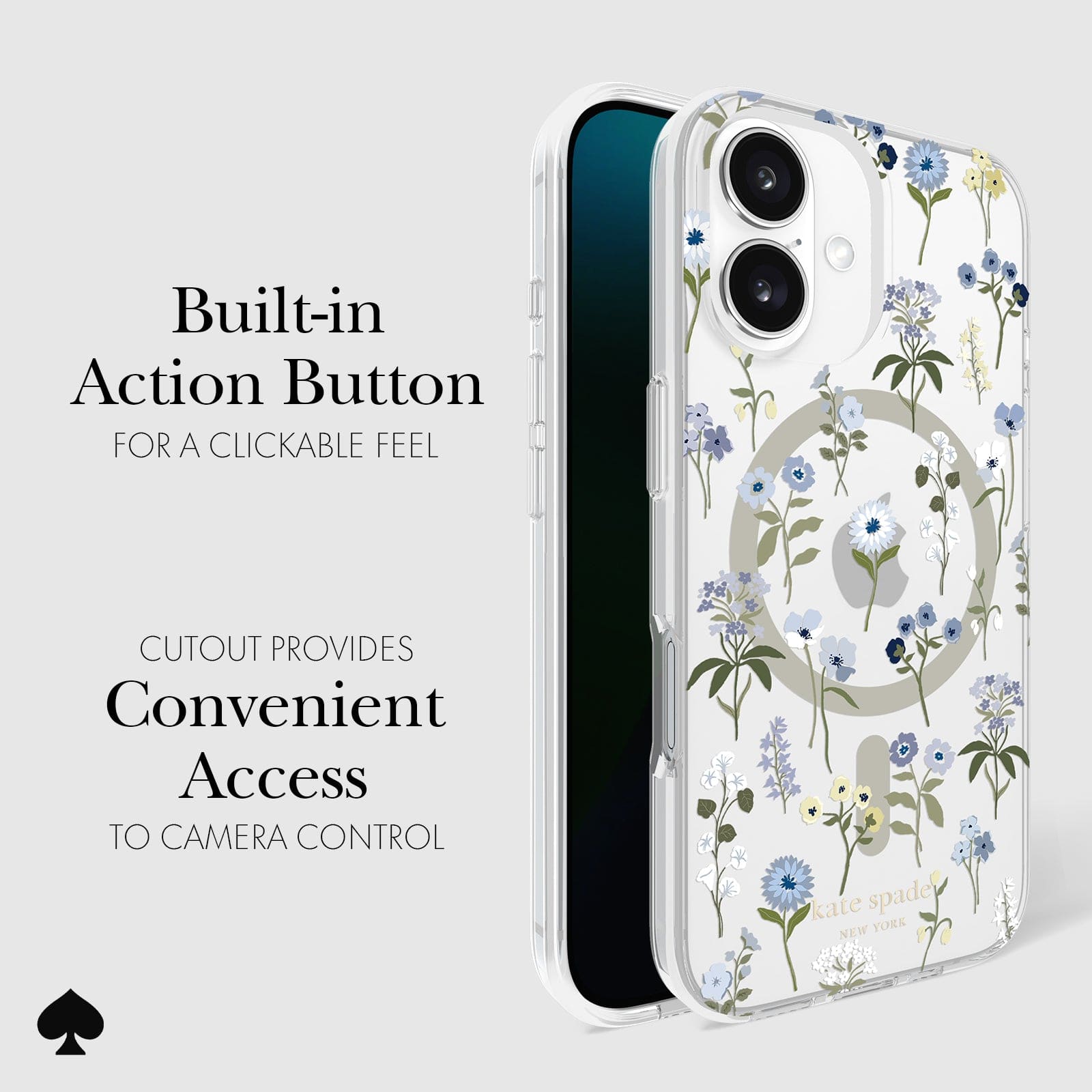 CLICKABLE BUILT-IN ACTION BUTTON. CUTOUT PROVIDES CONVENIENT ACCESS TO CAMERA CONTROL