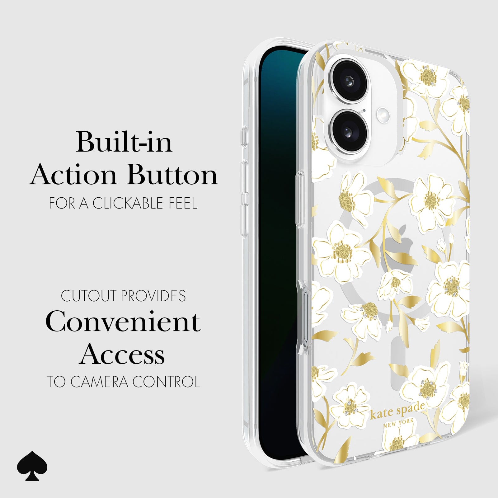 CLICKABLE BUILT-IN ACTION BUTTON. CUTOUT PROVIDES CONVENIENT ACCESS TO CAMERA CONTROL