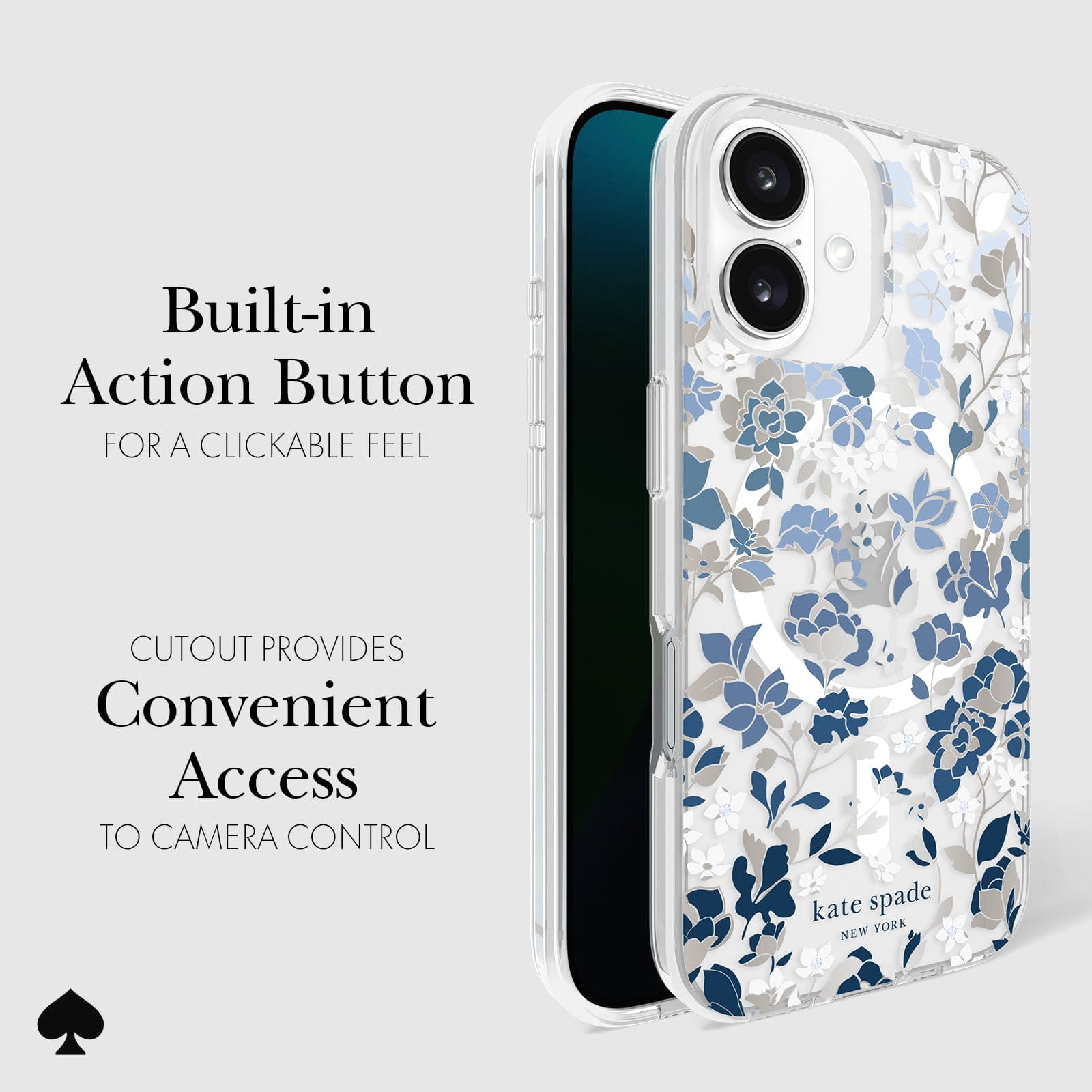 CLICKABLE BUILT-IN ACTION BUTTON. CUTOUT PROVIDES CONVENIENT ACCESS TO CAMERA CONTROL