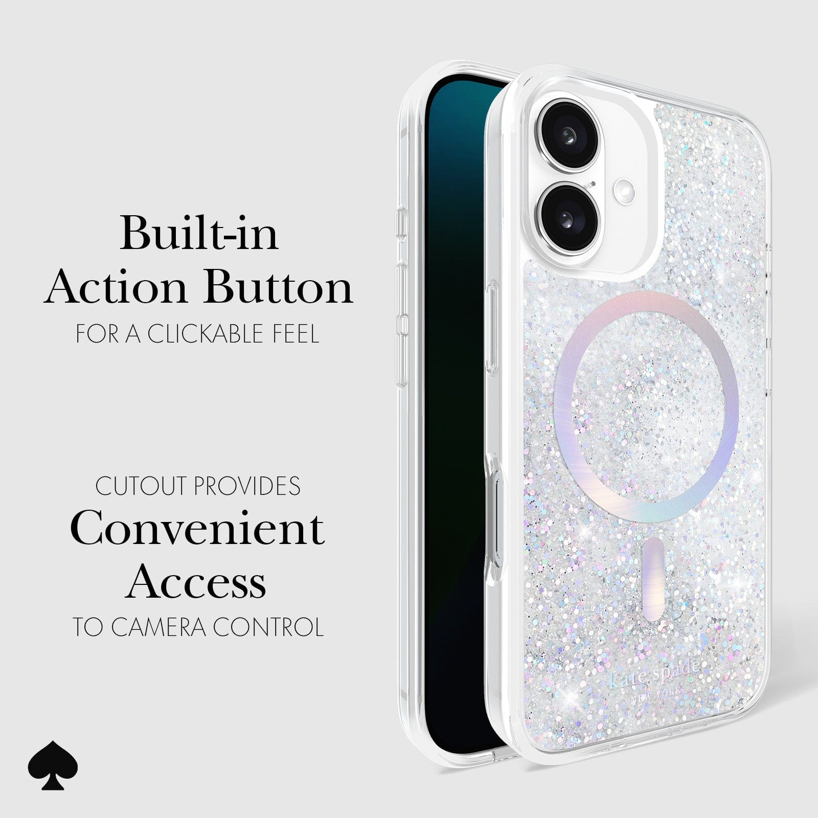 CLICKABLE BUILT-IN ACTION BUTTON. CUTOUT PROVIDES CONVENIENT ACCESS TO CAMERA CONTROL
