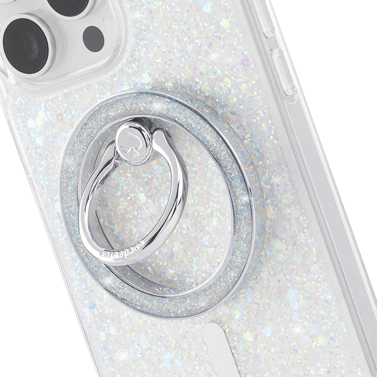 Clear phone case with iridescent glitter fill and silver metal ring stand attached to back.