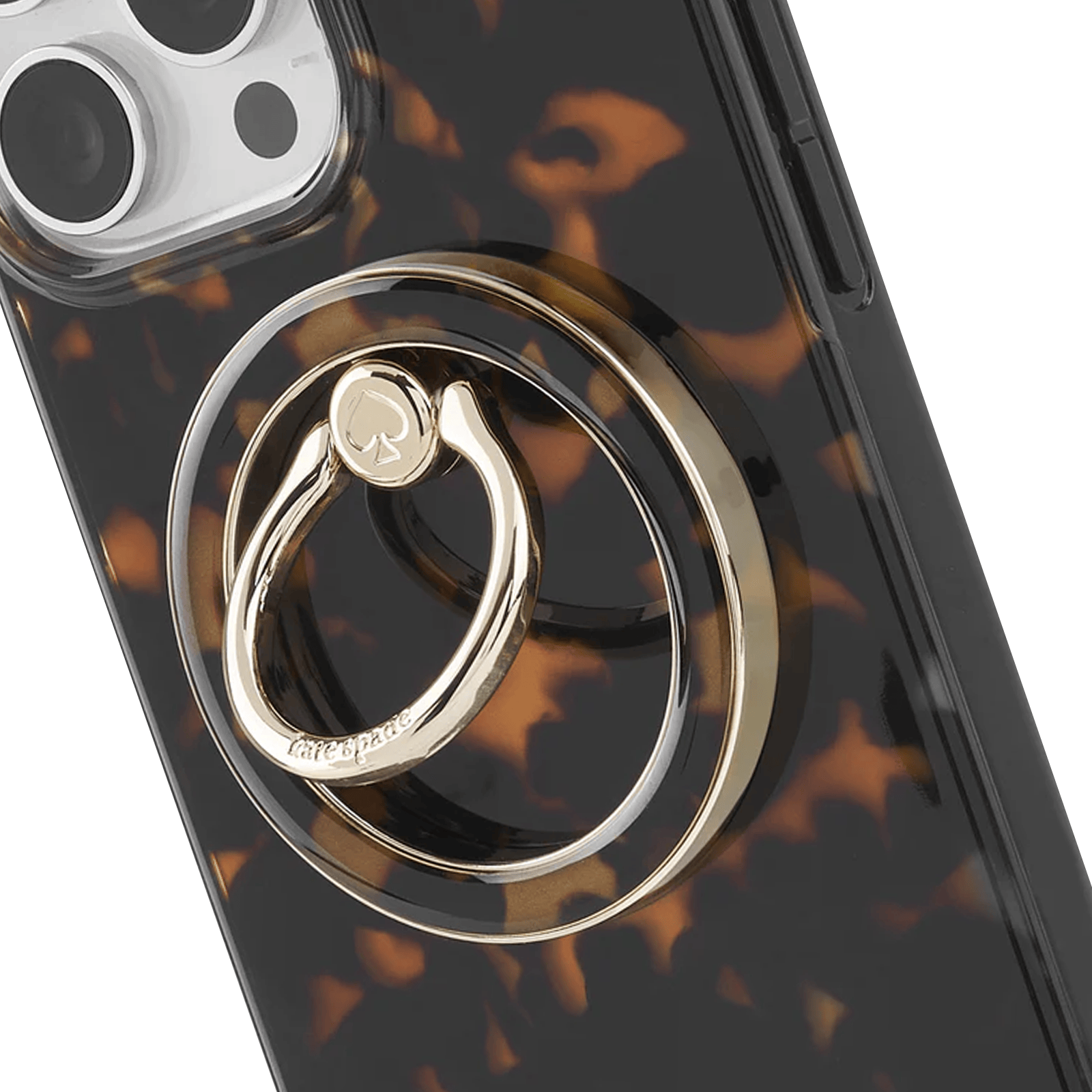 Smartphone case with tortoiseshell pattern and metal ring stand with spade charm detail.