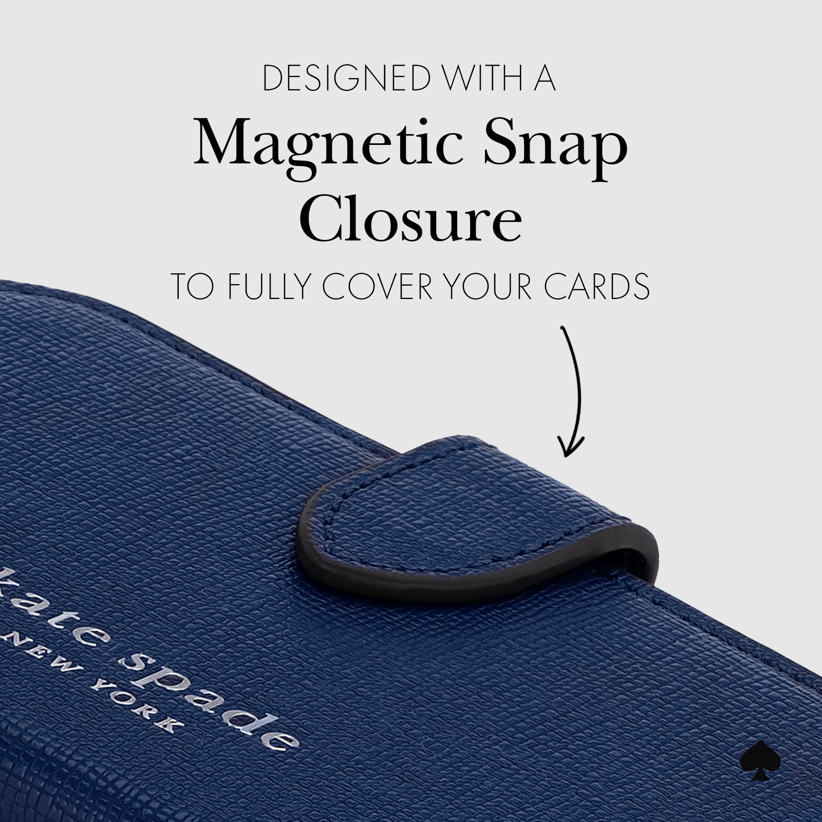 designed with a magnetic strap closure to fully cover your cards