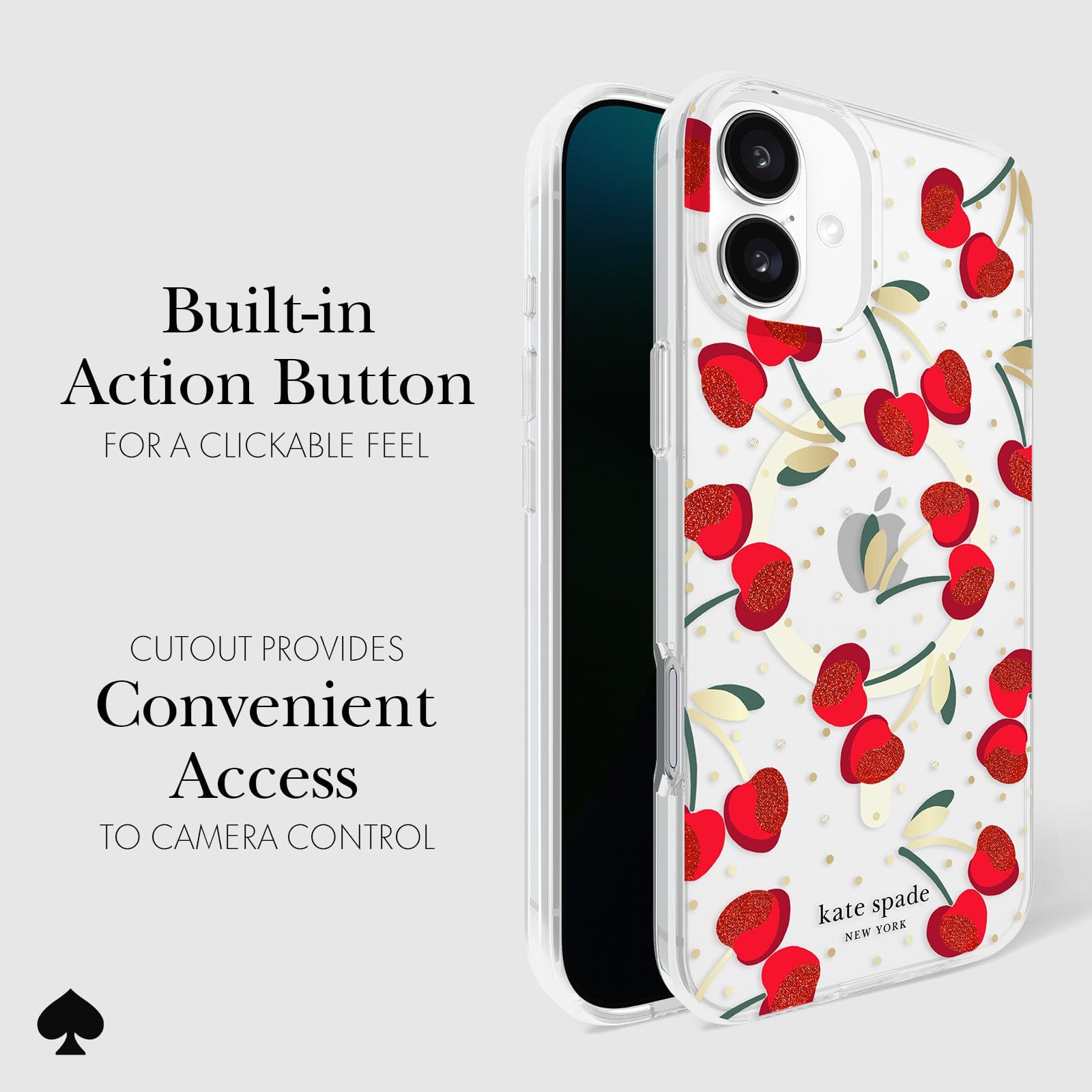 CLICKABLE BUILT-IN ACTION BUTTON. CUTOUT PROVIDES CONVENIENT ACCESS TO CAMERA CONTROL